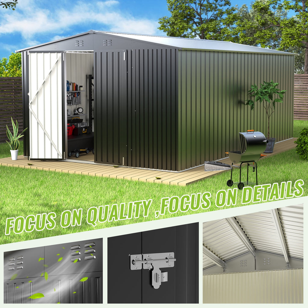 PABIMIA 10FT x 14FT Metal Outdoor Storage Shed with Lockable Doors, Black