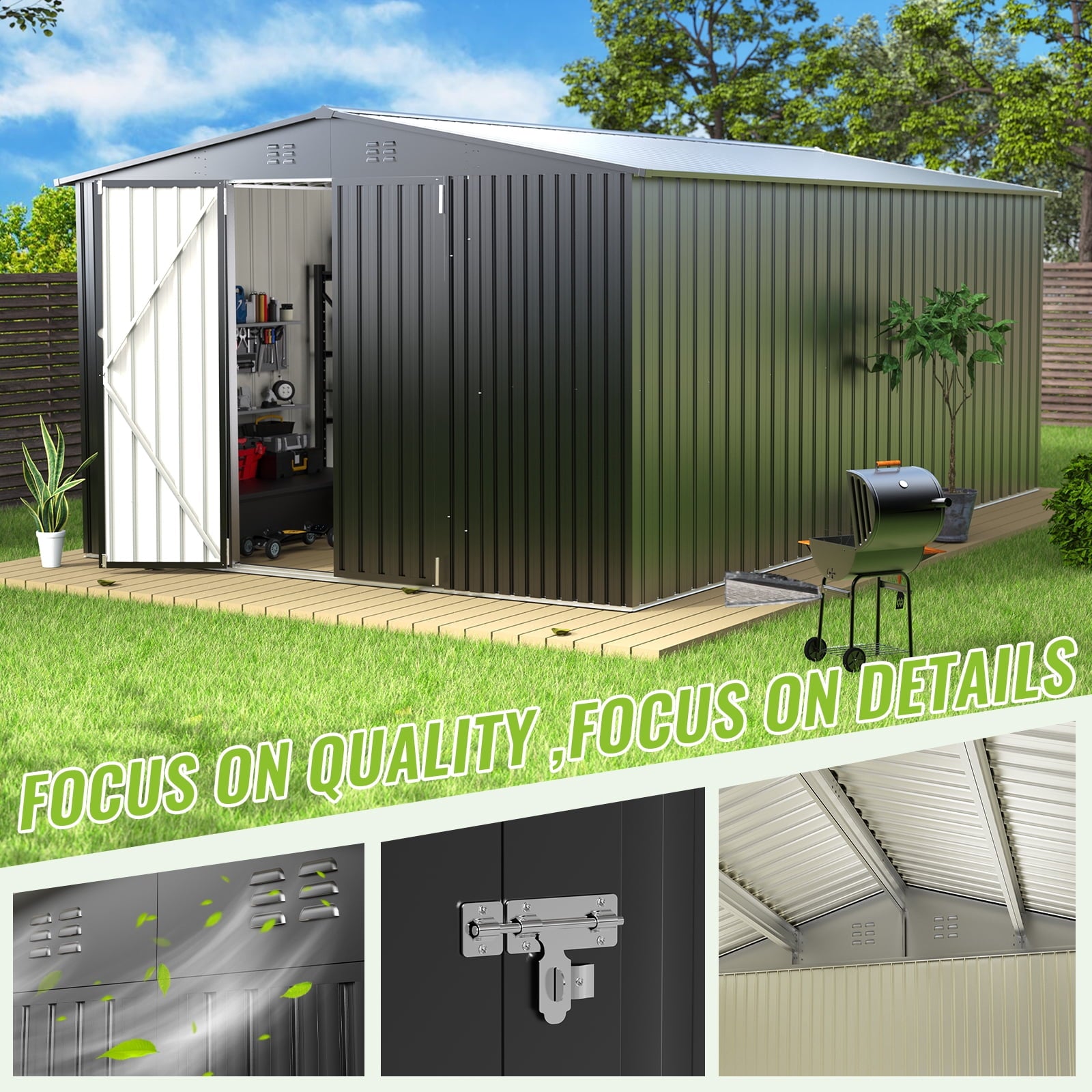 PABIMIA 10FT x 14FT Metal Outdoor Storage Shed with Lockable Doors, Black