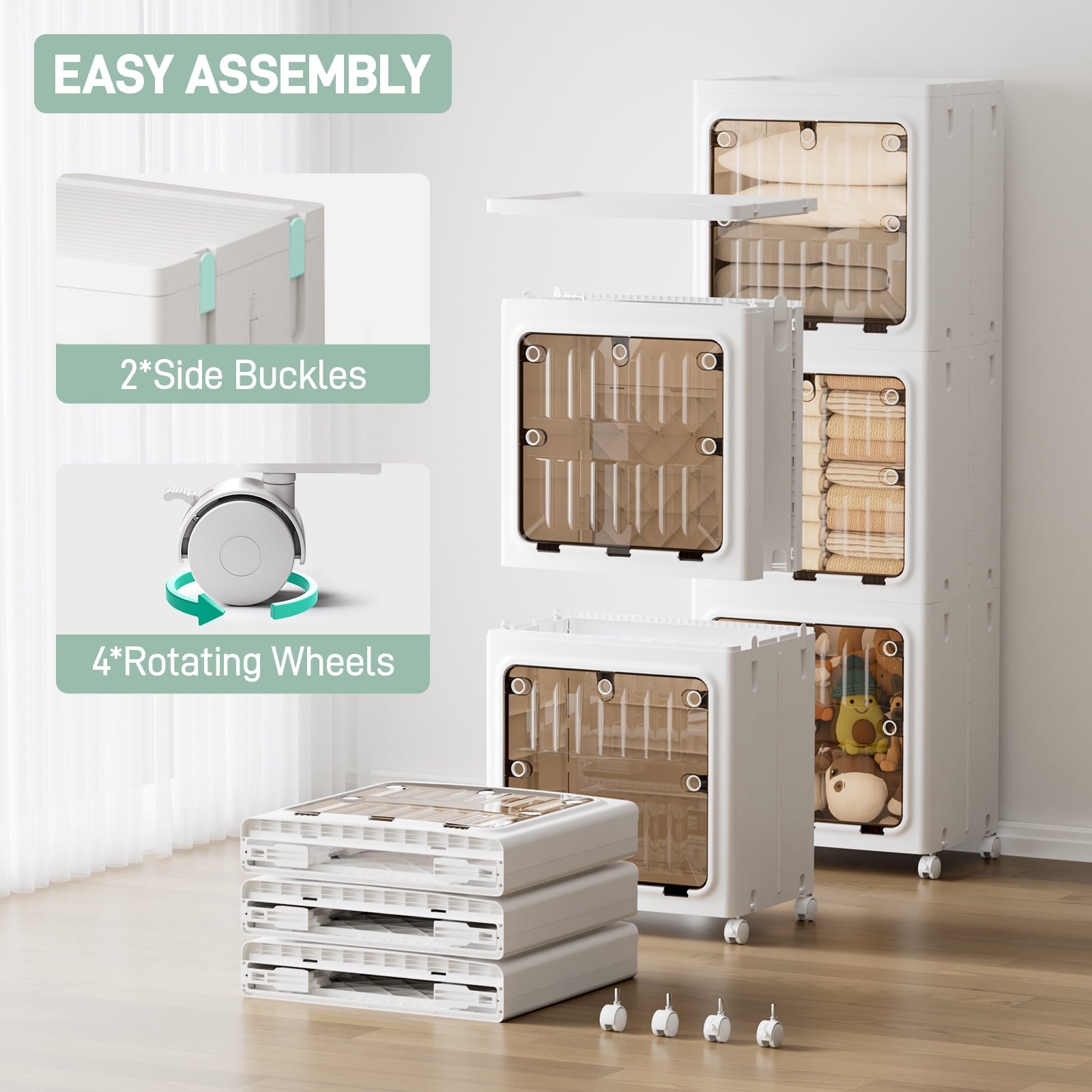 JEKO&JEKO Foldable Storage Bin with Doors and Wheels, 315Qt, 3-Tier