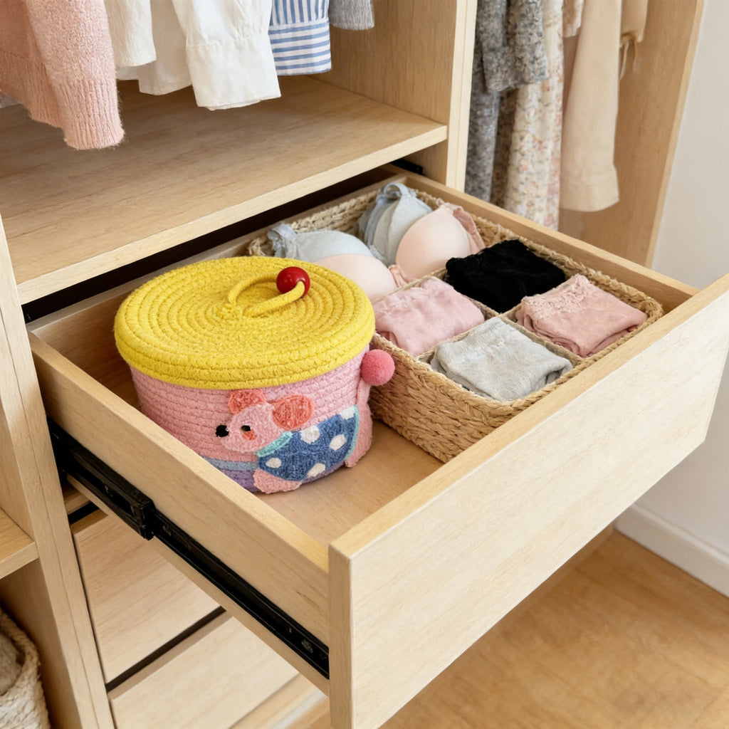 Medium Foldable Cotton Rope Basket with Handle, Pink Hand Woven Storage Bin for Toys, Clothes, Nursery, Closet Organization, Collapsible Home Decor Basket