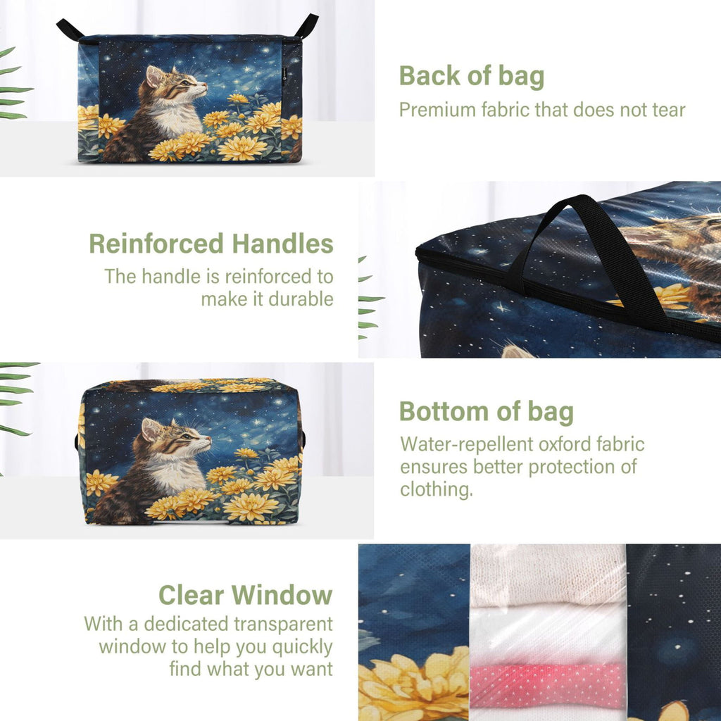 BZSMCE Under Bed Storage Bags With Reinforced Handles Cat Among Flowers under Stars Underbed Storage