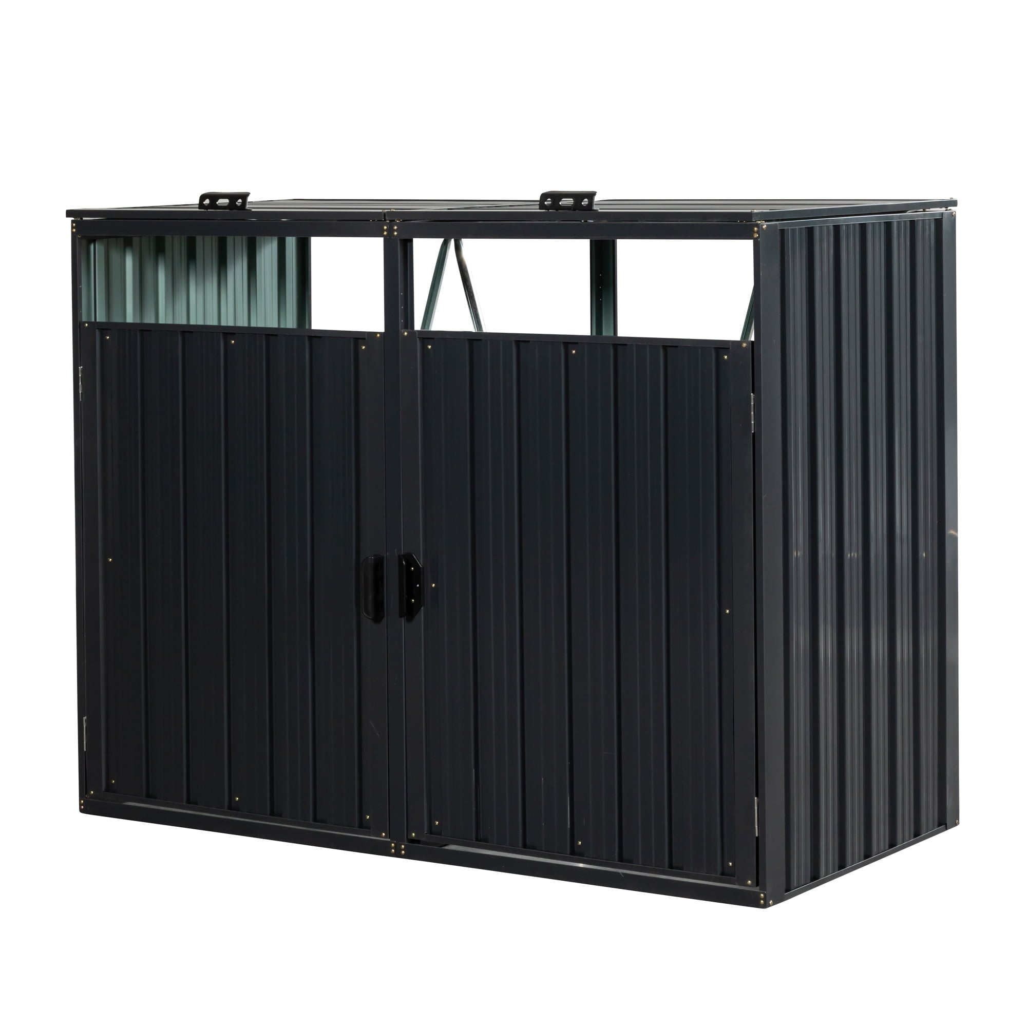 JXXRZ Metal Garbage Bin Shed for 2 Trash Cans with Lockable Doors and Lids,Galvanized Steel Garbage Bin Storage Shed for Garden Yard Lawn, Black