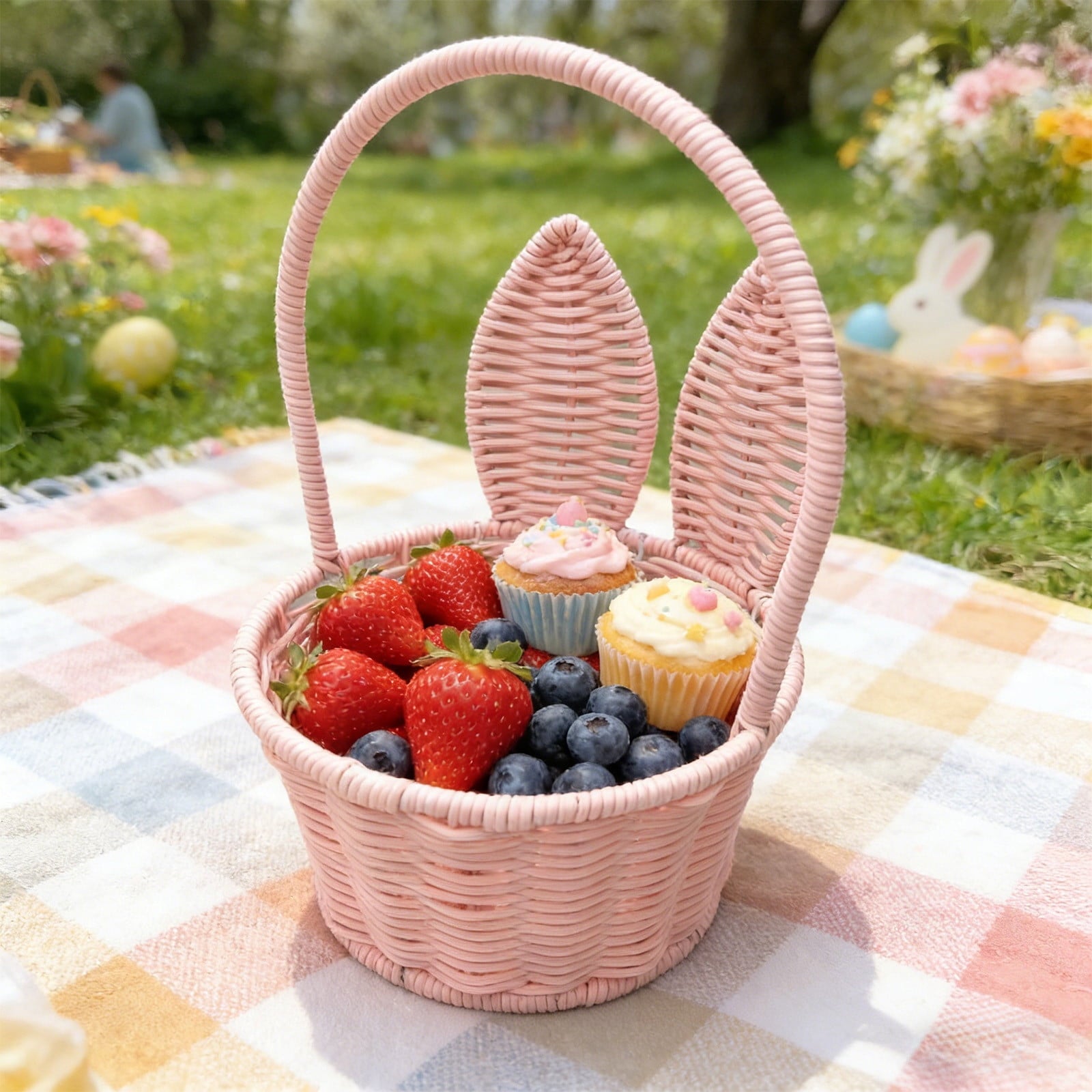 Easter Basket with Bunny Ears, Woven Plastic Rattan Storage Bin for Home Decor, Kitchen Organization, Flower Arrangements & Party - Pink, 10.63x6.69x5.51 in