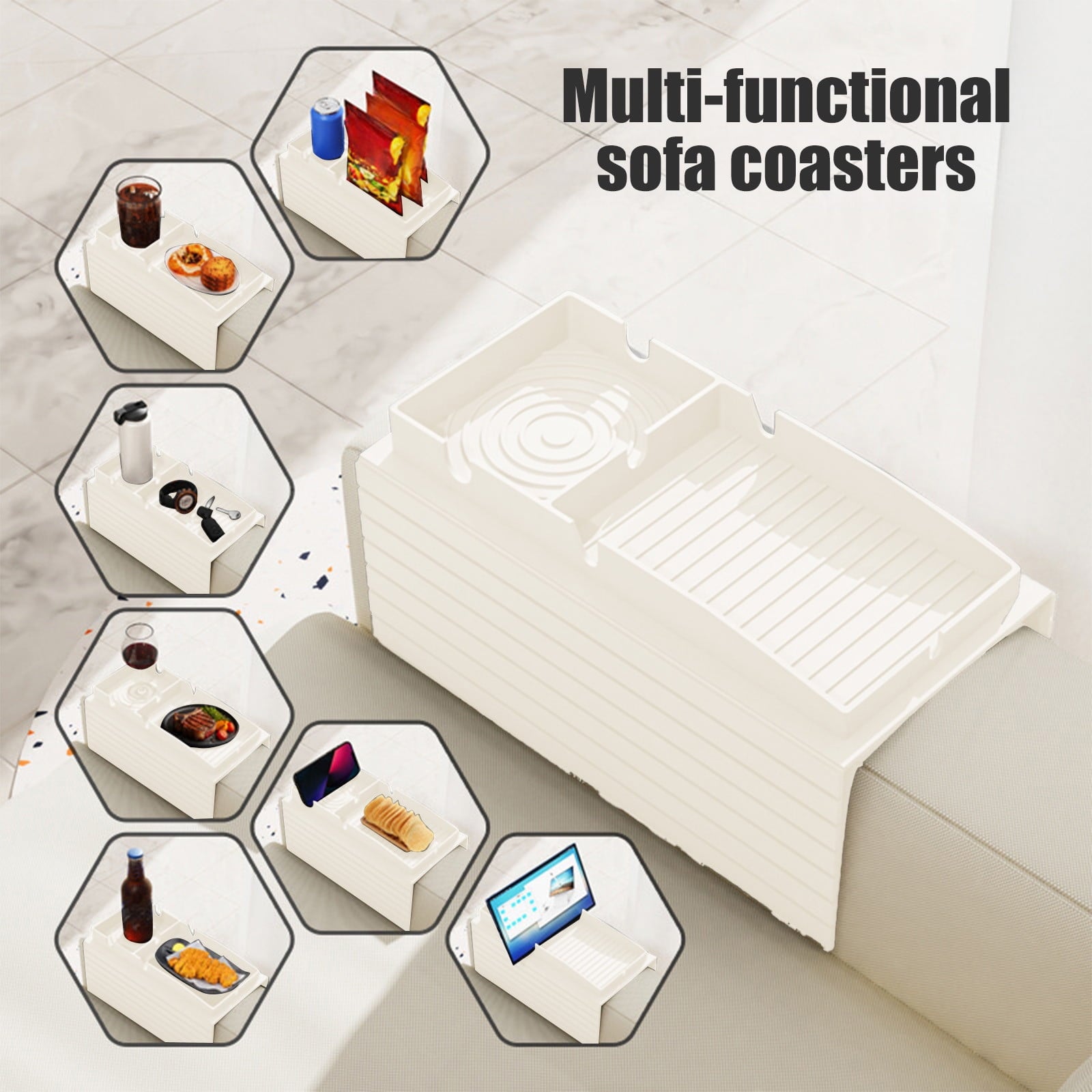 Sofa Armrest Tray, Silicone Couch Caddy Organizer with Cup Holder & Phone Slot, Non-Slip Multi Functional Storage Tray for Bed, Bay Window, Portable Armrest Table