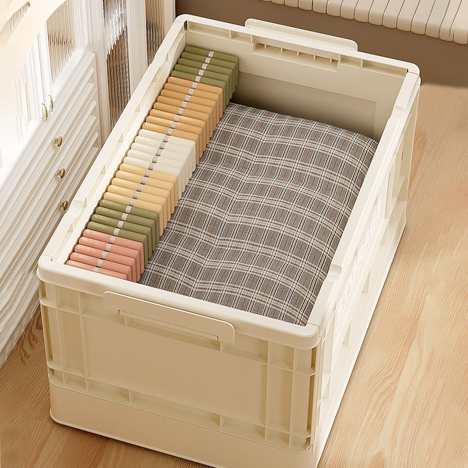 Foldable Storage Container Box with Lid, Large Capacity Plastic Tote Container Stackable Utility Crates Shelf Basket for Clothes Books Snack Shoe(Beige)