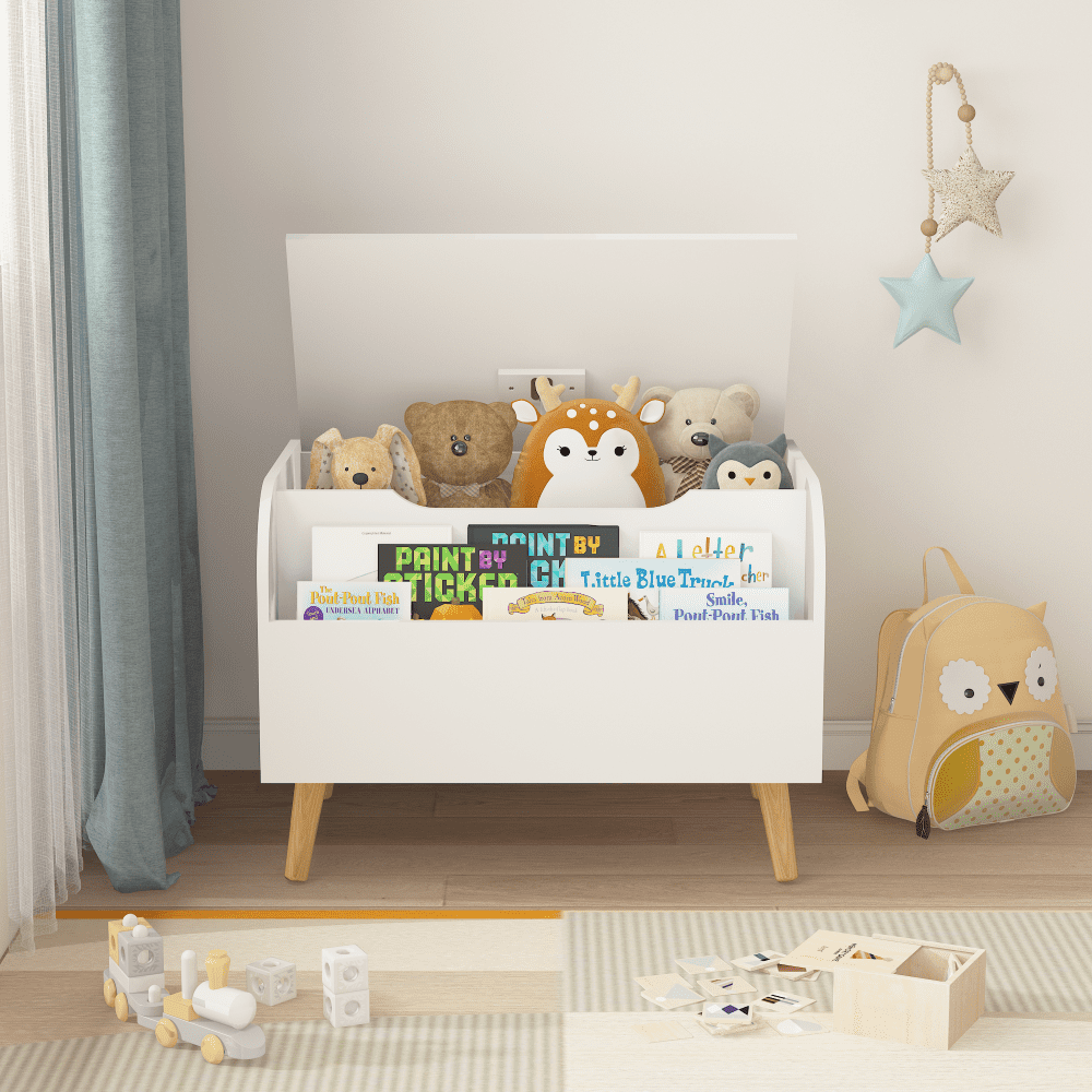 Large Wooden Toy Box with Front Bookshelf - Kids Toy Storage Organizer, Safety Hinge & Flip-Top Lid for Boys and Girls - Perfect Toy Chest Bench for Playroom Organization (White)