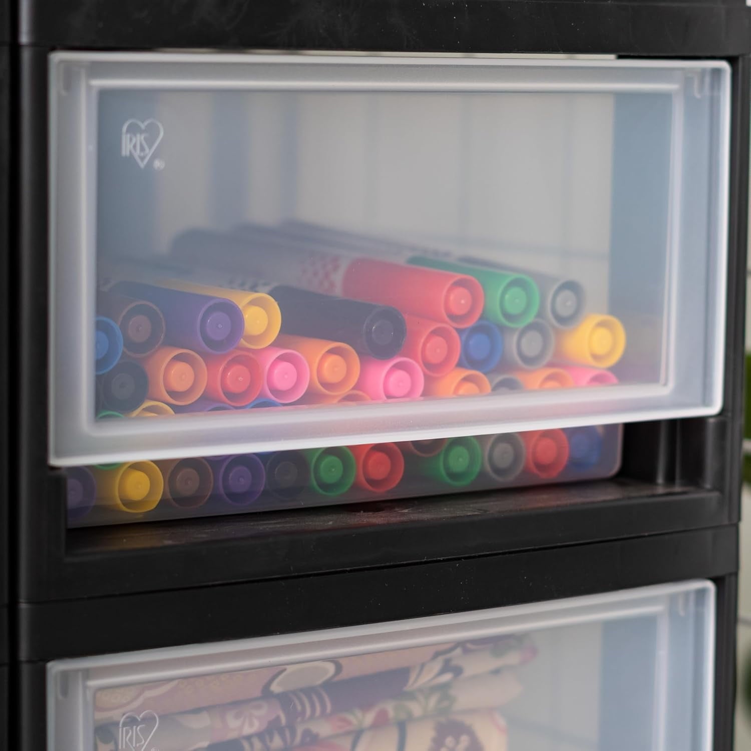 IRIS USA 6 Qt Plastic Drawer Storage Organizer Stackable with Sliding Drawer, Black, 2-Pack
