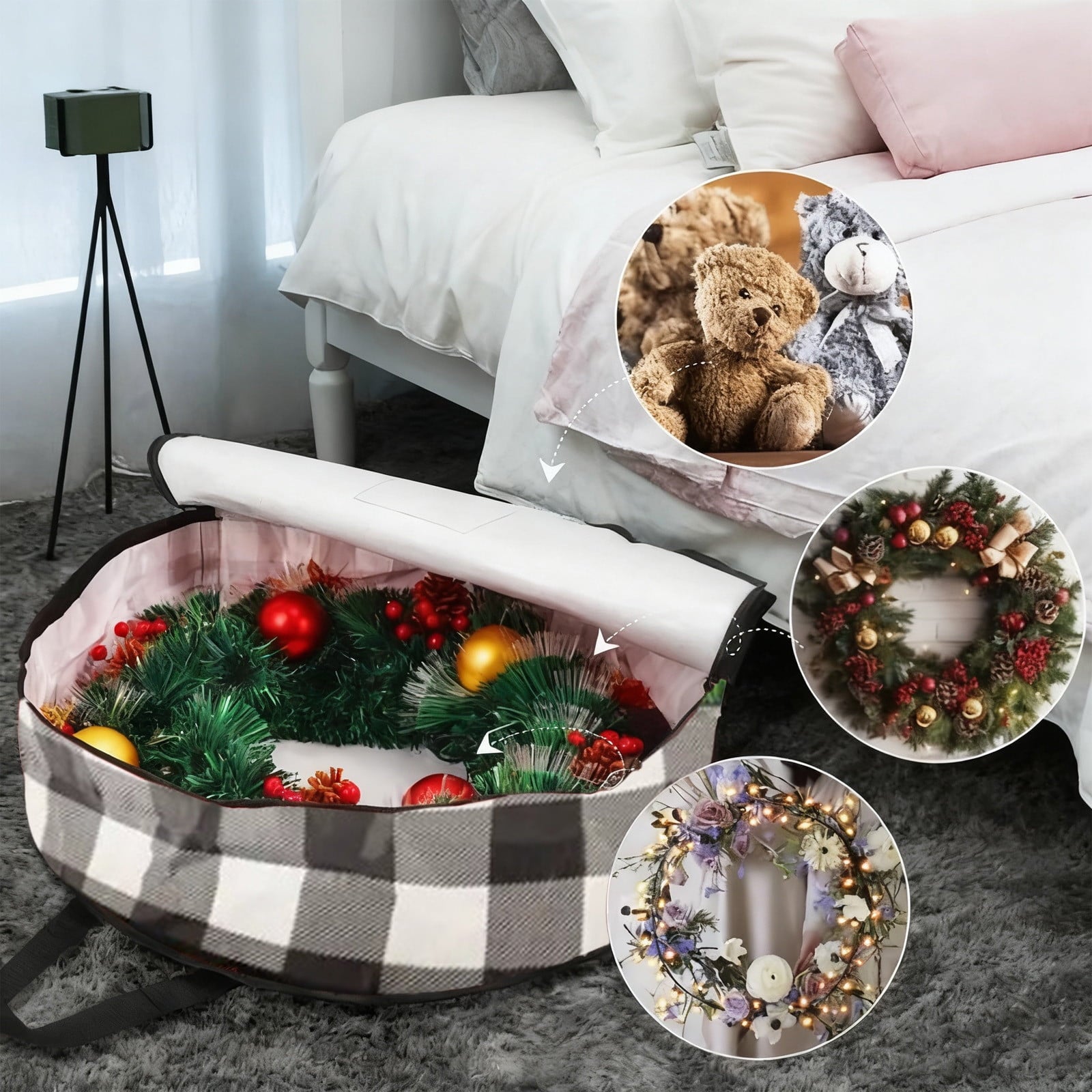 White Wreath Storage Bag, 24 Inches Round Plastic Organizer With Handle, For Holiday Decor Protection And Storage, 24X7.9 In, 0.38 Lb