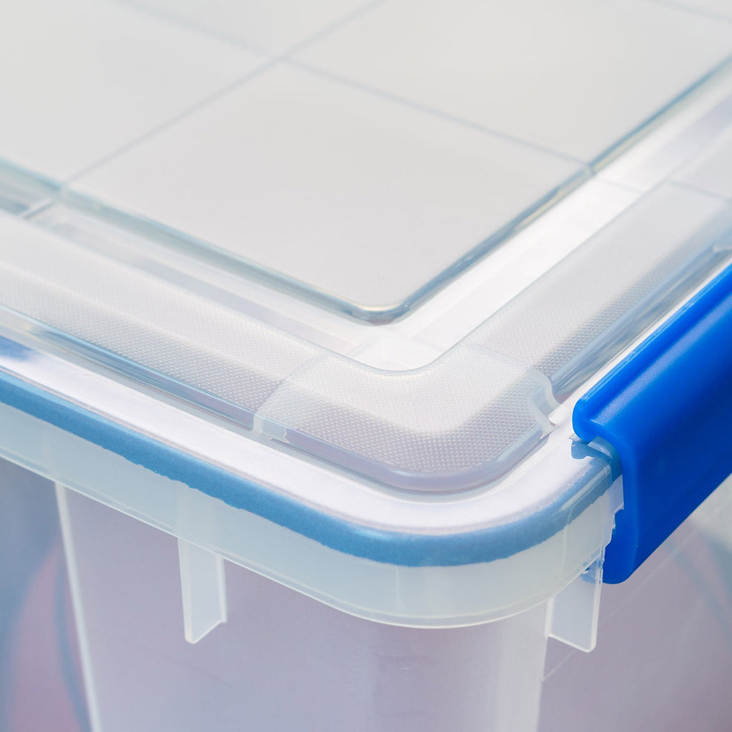 IRIS USA 74 Qt Storage Box with Gasket Seal Lid, 3 Pack - BPA-Free,  - Heavy Duty Moving Containers with Tight Latch, Weather Proof Tote Bin, WEATHERPRO - Clear/Blue