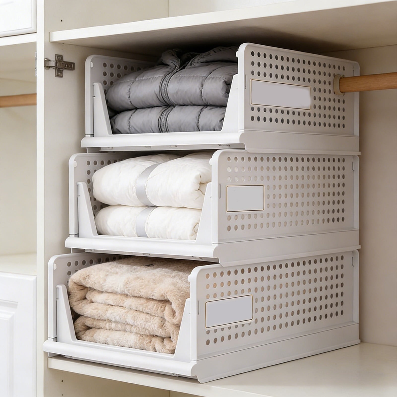 Stackable Storage Drawers with Slide Rail, Hard Plastic Closet Organizer Bins, Waterproof Drawer Organizers for Wardrobe Cabinet Shelf, White