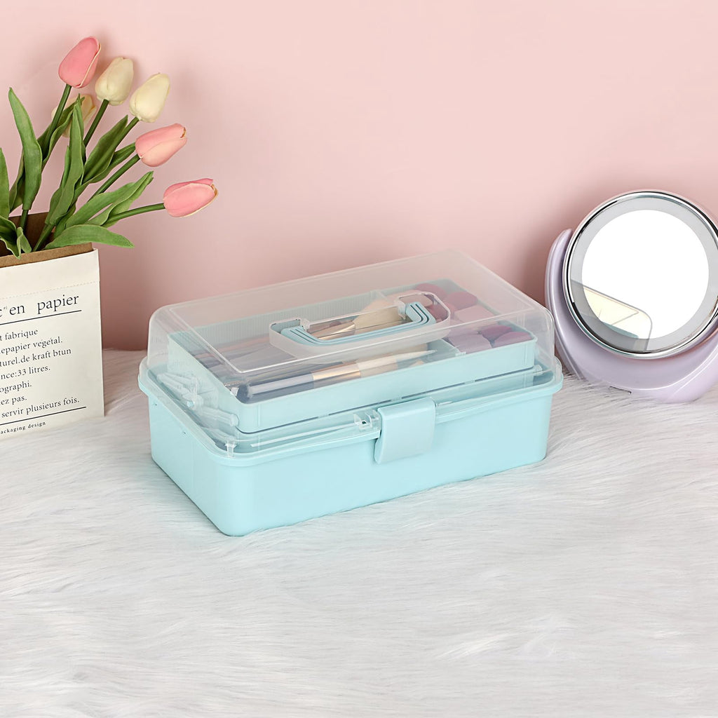 3-Layer Plastic Dividing Storage Box Craft Organizer and Storage with Adjustable Spacers Portable Handled Art Supply Organizer Multipurpose Home Utility Box for Medicine, Sewing(Blue)