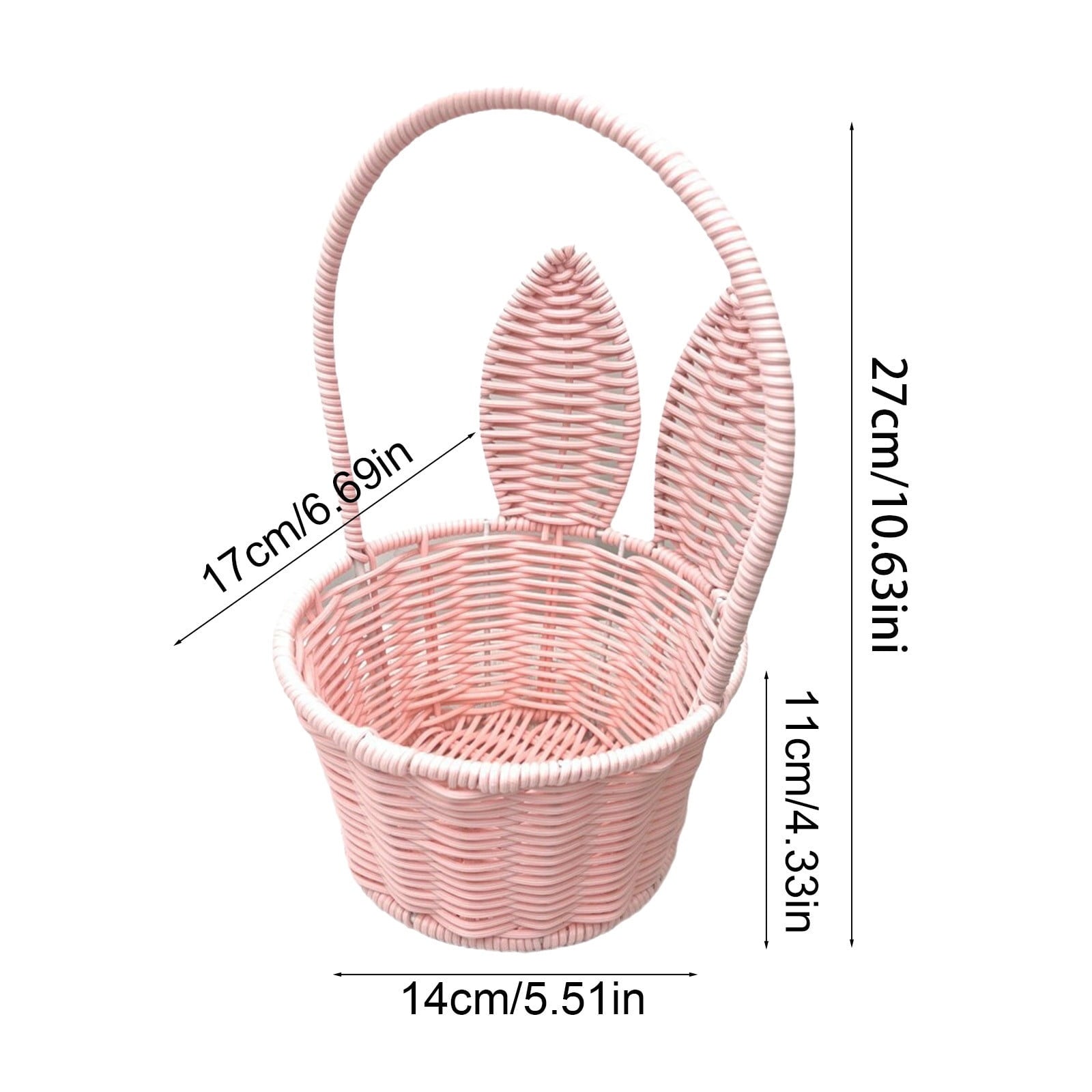 Easter Basket with Bunny Ears, Woven Plastic Rattan Storage Bin for Home Decor, Kitchen Organization, Flower Arrangements & Party - Pink, 10.63x6.69x5.51 in