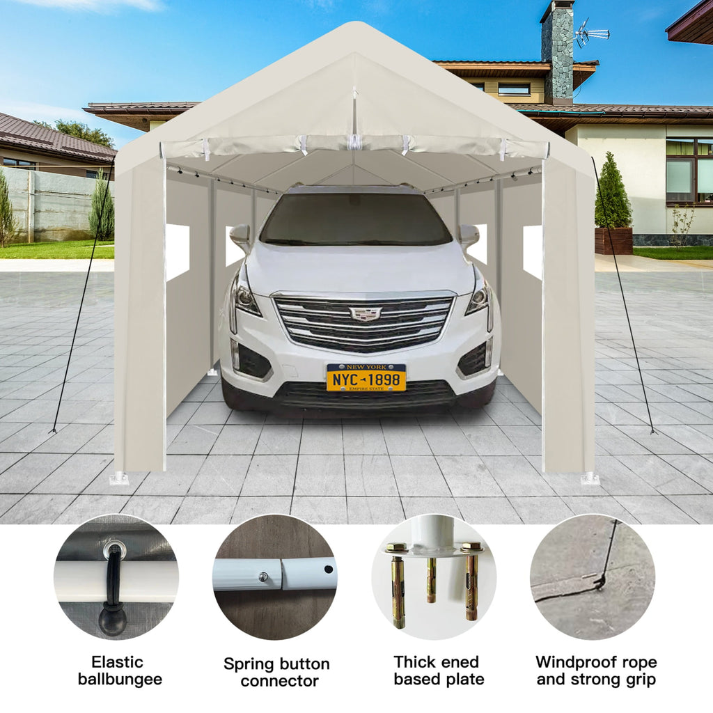 JXXRZ 10'x30' Heavy Duty Car Tent, Portable Carport Garage with Roll-up Windows , All-Season Waterproof Tarp for Outdoor Storage Shelter, Party, Birthday, White