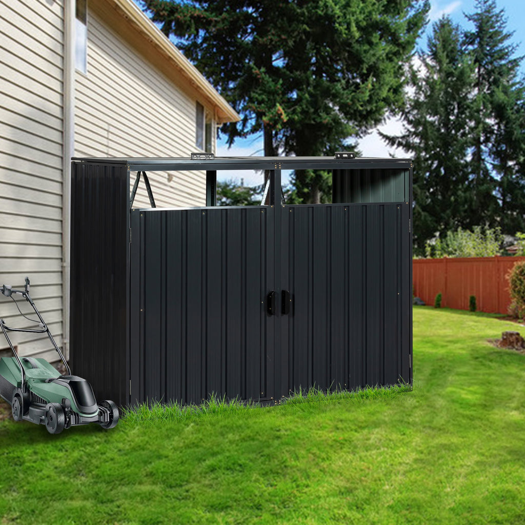 JXXRZ Metal Garbage Bin Shed for 2 Trash Cans with Lockable Doors and Lids,Galvanized Steel Garbage Bin Storage Shed for Garden Yard Lawn, Black