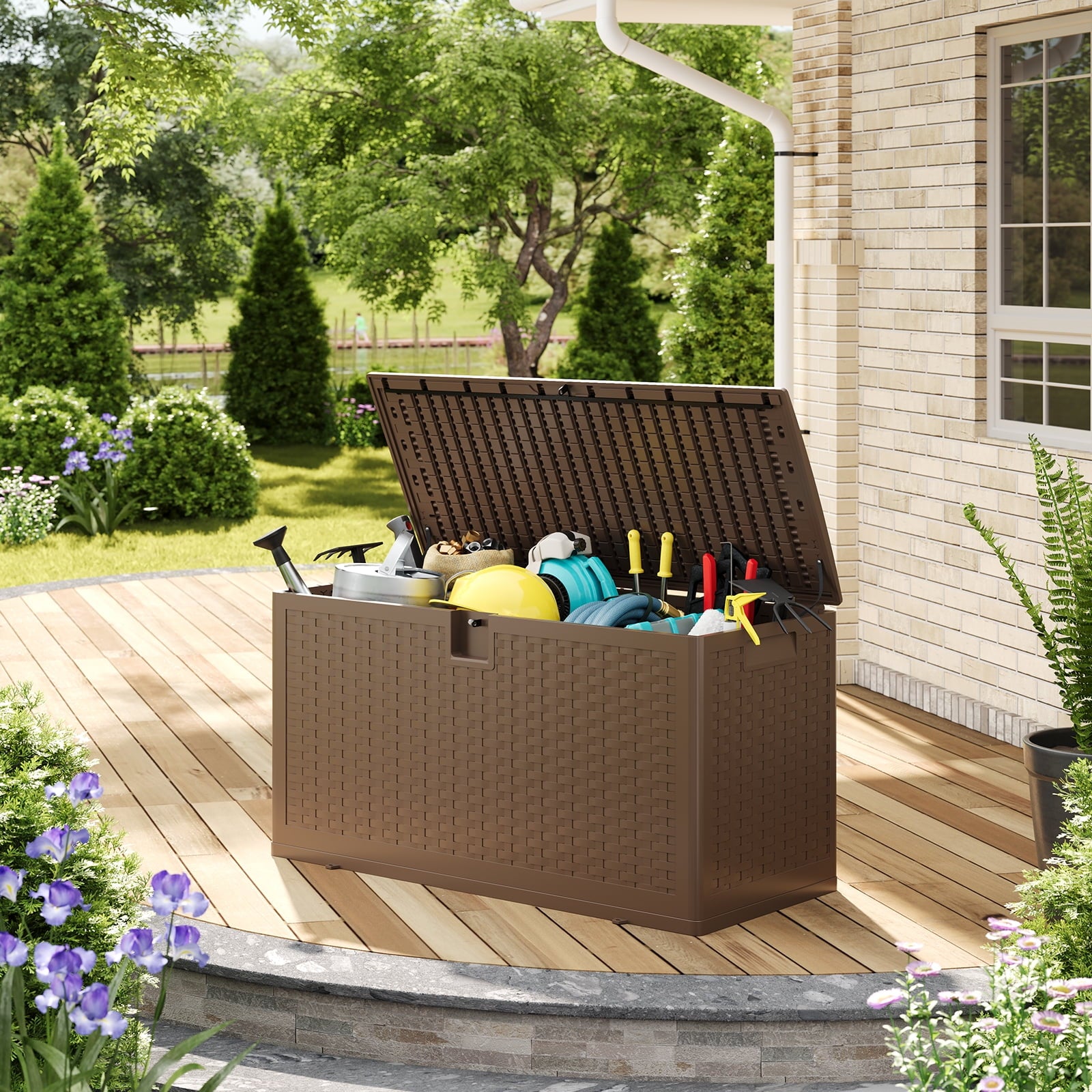 Ataucjin 73 Gallon Resin Deck Box, Lockable Outdoor Storage Bin, Waterproof Outdoor Storage Box with Lockable Lid & UV Resistant, Patio Furniture Cushion Storage Container