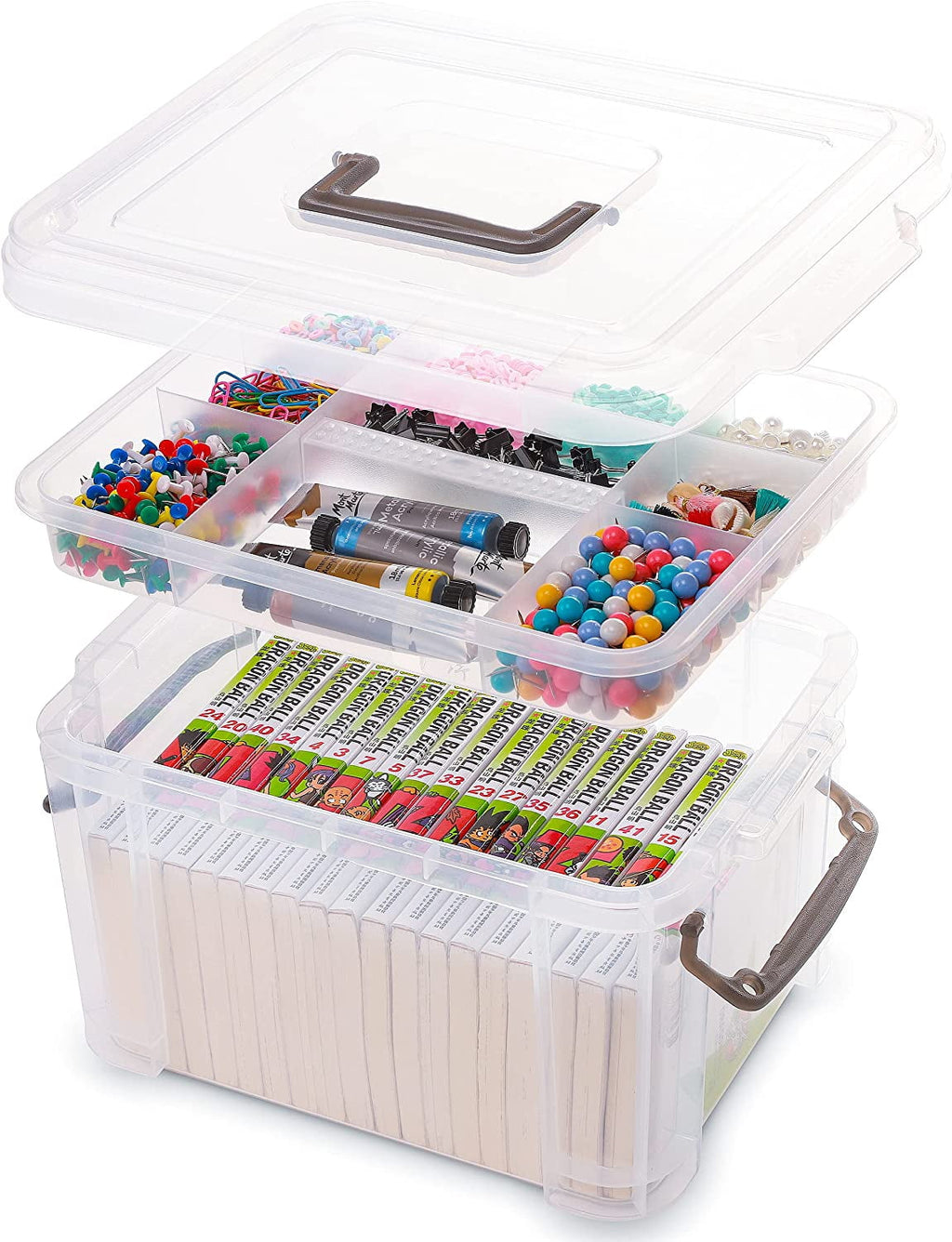 8.5 QT Plastic Storage Box with Removable 10 Compartments Tray Portable Clear Storage Container with Handle for Organizing Tool. Craft. Bead. Lego. Sewing