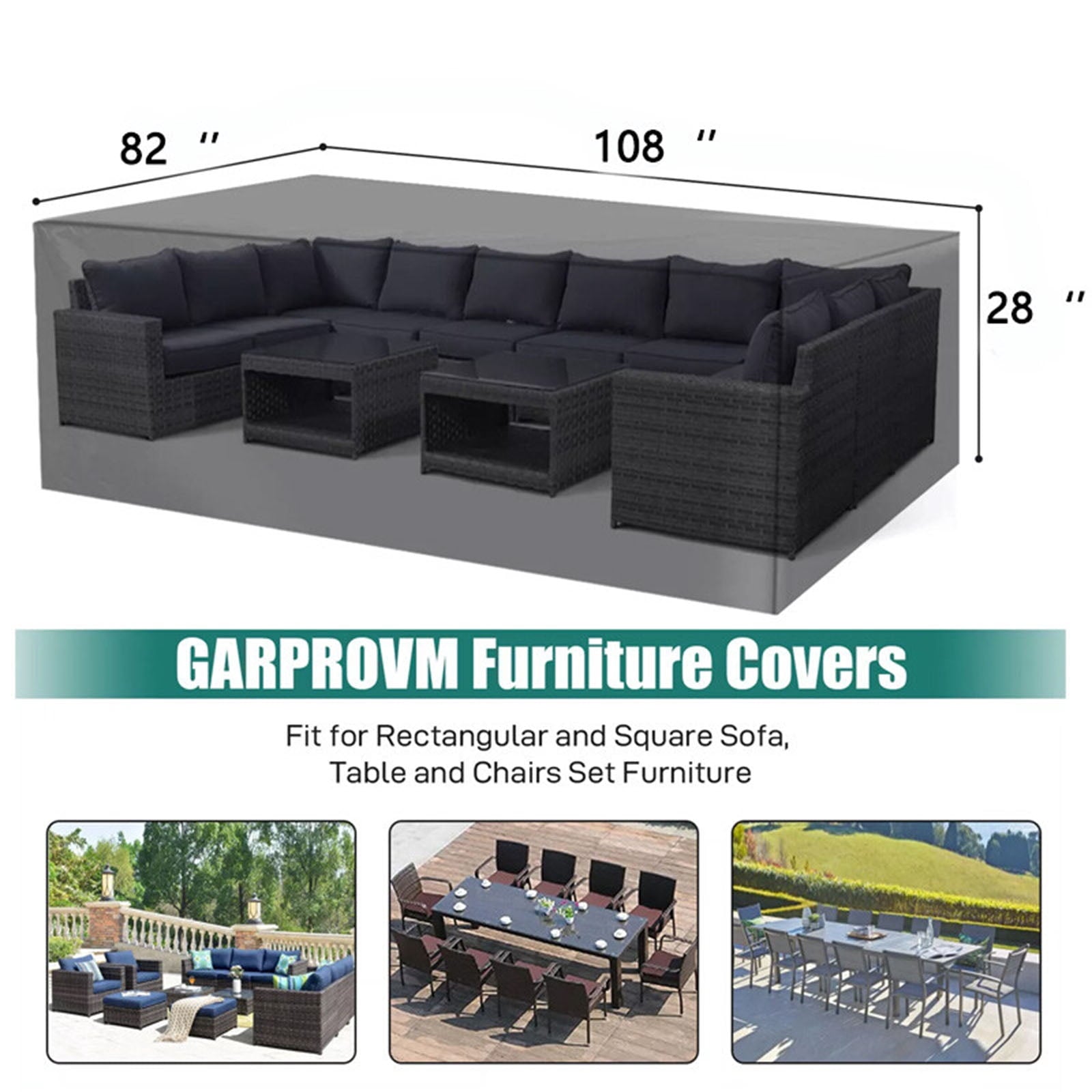 Che Yi Bao Rectangle Patio Furniture Cover, 108"x82"x28", 600D Heavy Duty Outdoor Waterproof Protection for Table & Chair Sets