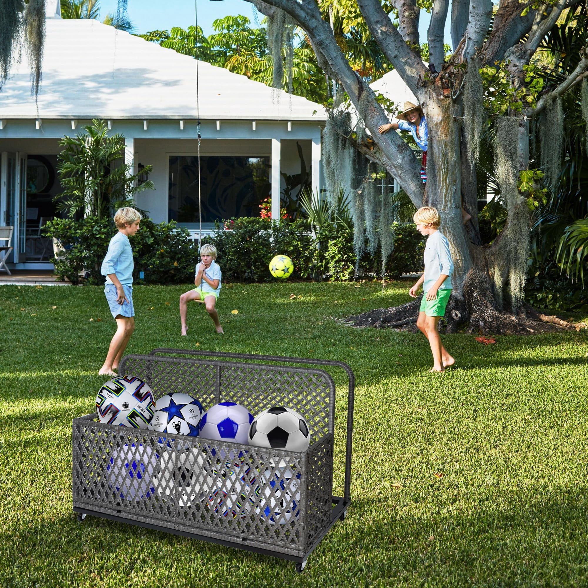 Ataucjin Poolside Float Storage, Outdoor Storage, Patio Basket, Storage Box, PE Rattan Outdoor Pool Caddy with Rolling Wheels for Floaties, Patio, Pool, Beach-Sturdy & Movable, Diamond Gray