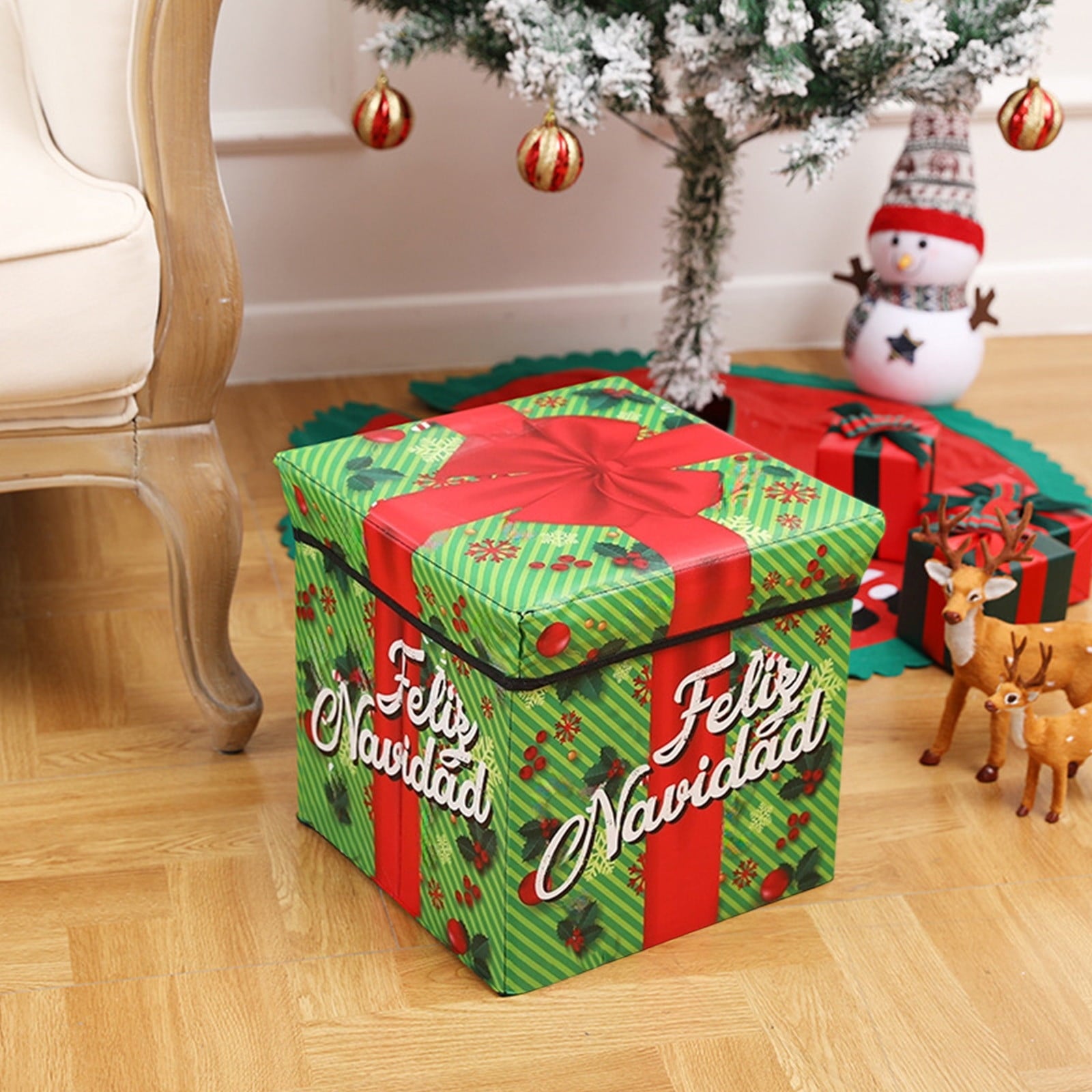 Christmas Storage Stool - Foldable Non-Woven Multi-Purpose Seat, Ki-ds Toy & Holiday Decor Storage Box, Space-Saving Easy-to-Clean Christmas Gift for Home Under Tree