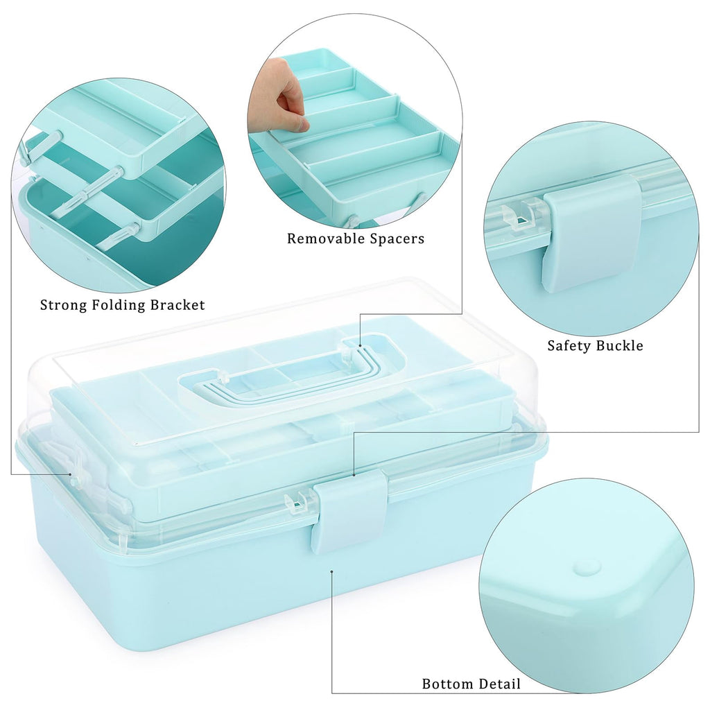 3-Layer Plastic Dividing Storage Box Craft Organizer and Storage with Adjustable Spacers Portable Handled Art Supply Organizer Multipurpose Home Utility Box for Medicine, Sewing(Blue)