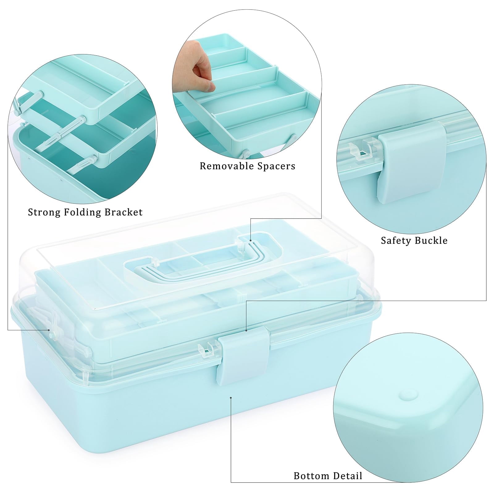 3-Layer Plastic Dividing Storage Box Craft Organizer and Storage with Adjustable Spacers Portable Handled Art Supply Organizer Multipurpose Home Utility Box for Medicine, Sewing(Blue)