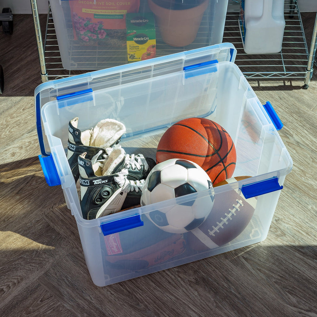 IRIS USA 74 Qt Storage Box with Gasket Seal Lid, 3 Pack - BPA-Free,  - Heavy Duty Moving Containers with Tight Latch, Weather Proof Tote Bin, WEATHERPRO - Clear/Blue