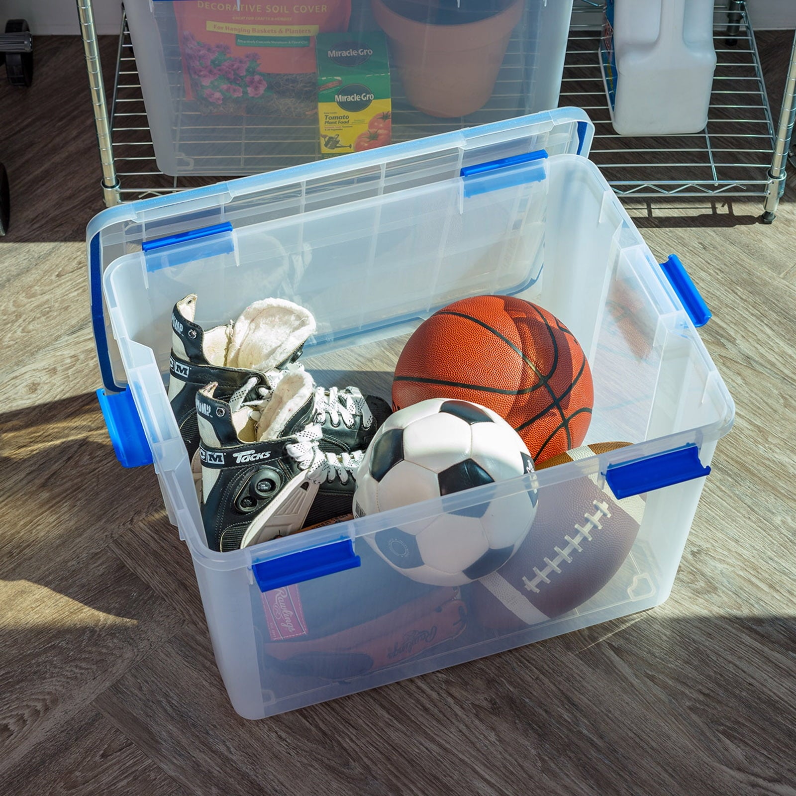 IRIS USA 74 Qt Storage Box with Gasket Seal Lid, 3 Pack - BPA-Free,  - Heavy Duty Moving Containers with Tight Latch, Weather Proof Tote Bin, WEATHERPRO - Clear/Blue