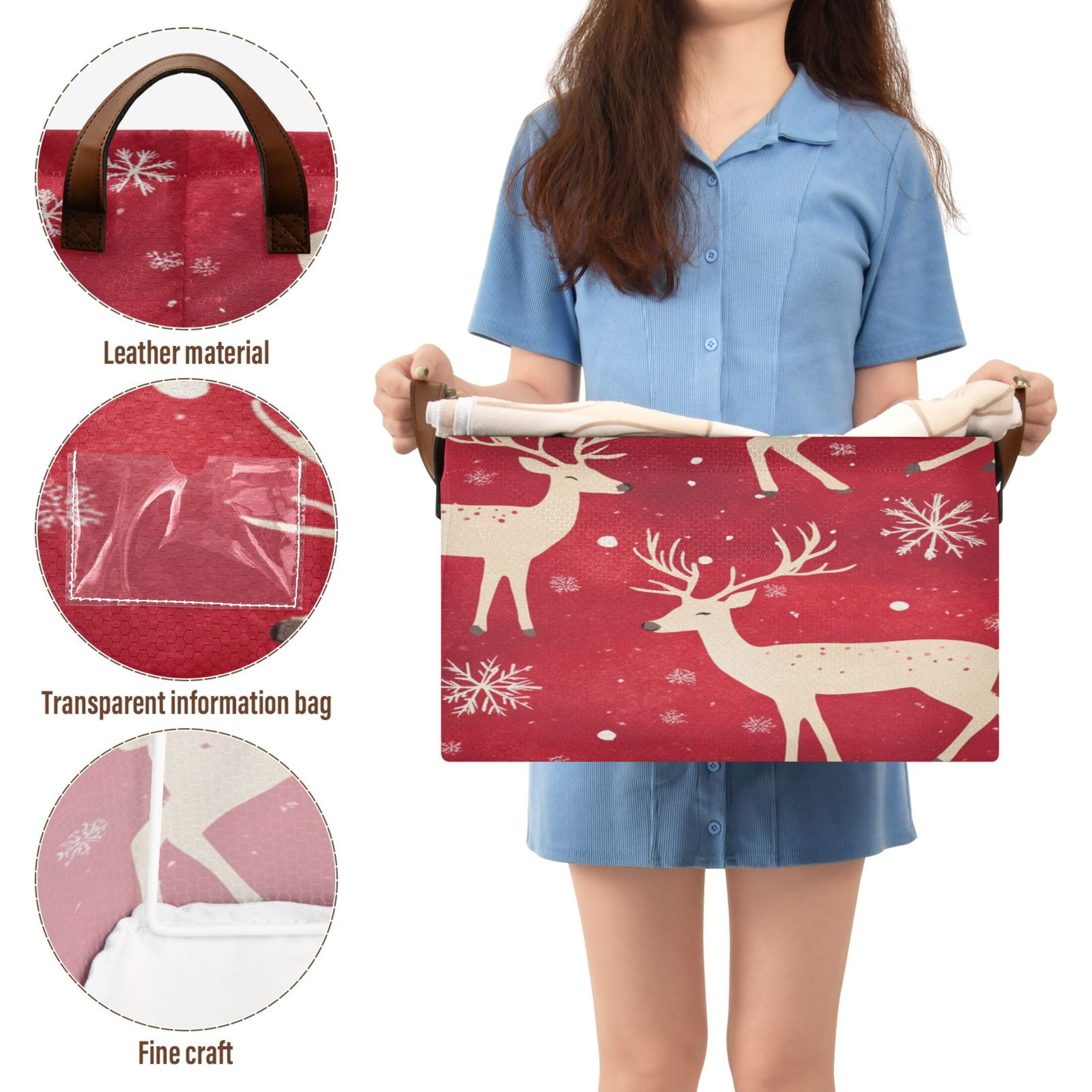 BZSMCE Collapsible Fabric Cube Storage Bins Gold Reindeer and Snowflake Adorable Snowman Design Pattern Storage Box