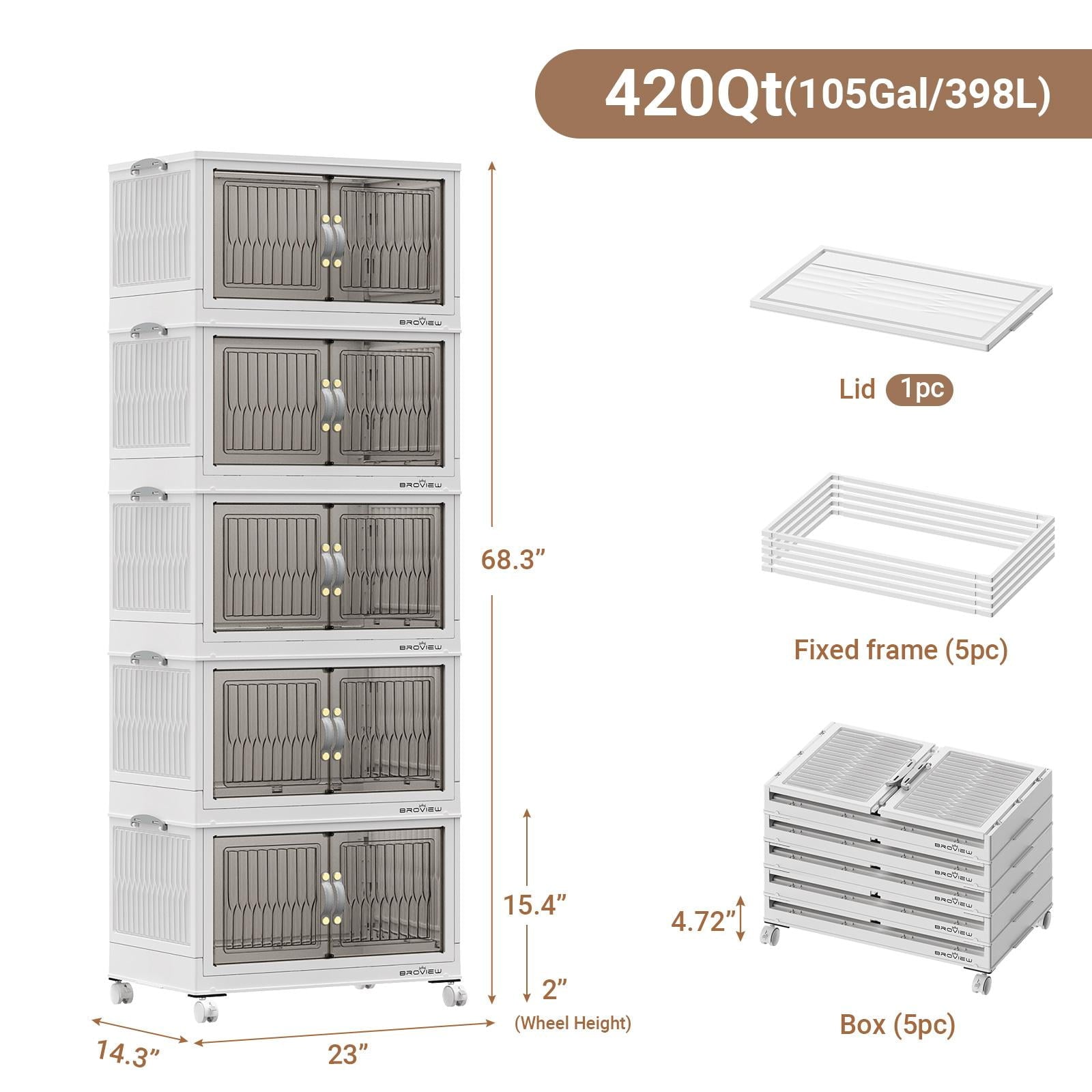 BROVIEW 100Gal Large Storage Bins with Lid, 400Qt Plastic Stackable Closet Organizer and Storage, Collapsible Storage Box with Wheels, Folding Storage Cabinet Containers for Home Office, 5Pack White