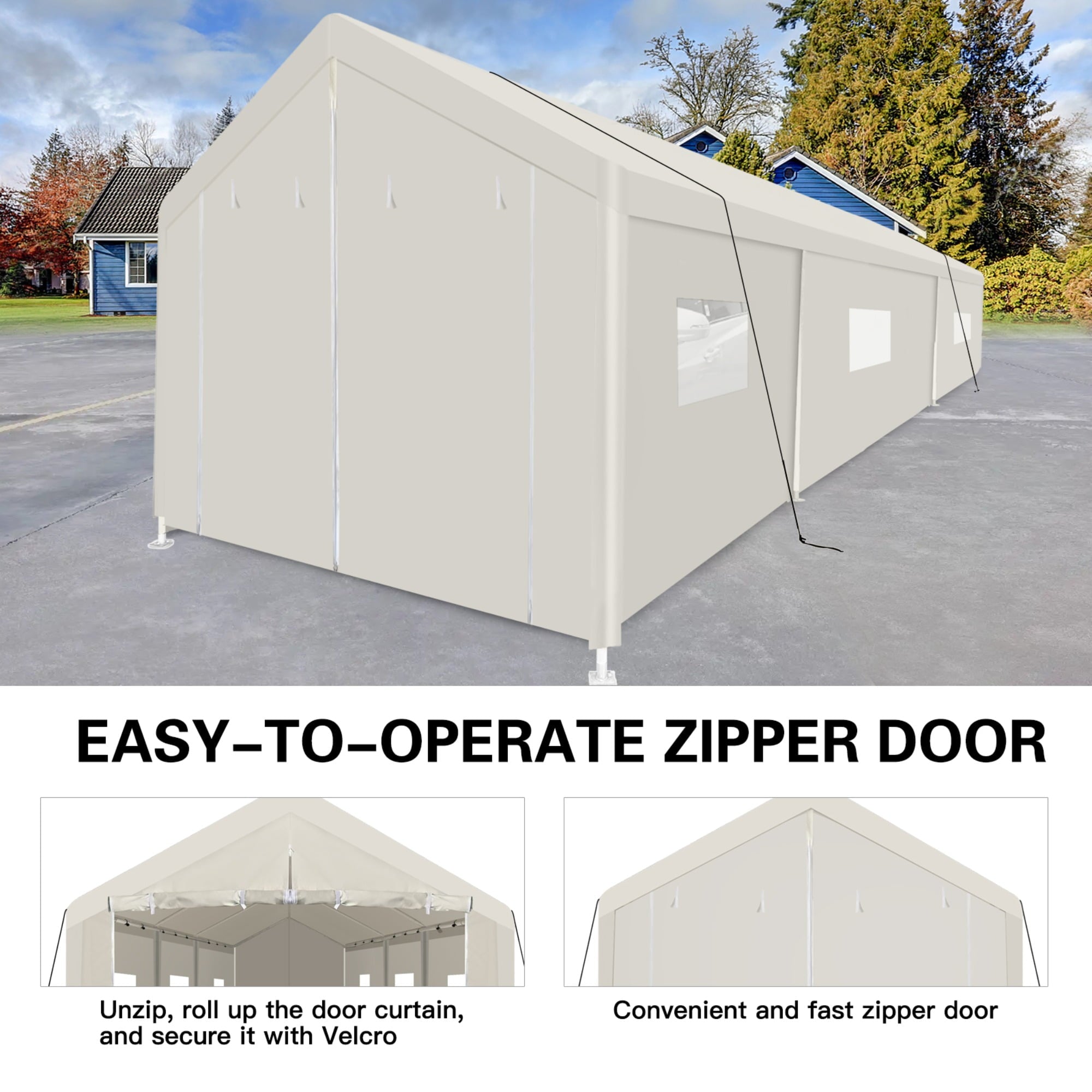 JXXRZ 10'x30' Heavy Duty Car Tent, Portable Carport Garage with Roll-up Windows , All-Season Waterproof Tarp for Outdoor Storage Shelter, Party, Birthday, White