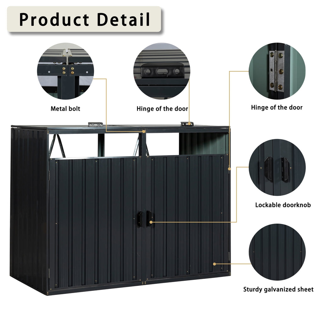 JXXRZ Metal Garbage Bin Shed for 2 Trash Cans with Lockable Doors and Lids,Galvanized Steel Garbage Bin Storage Shed for Garden Yard Lawn, Black