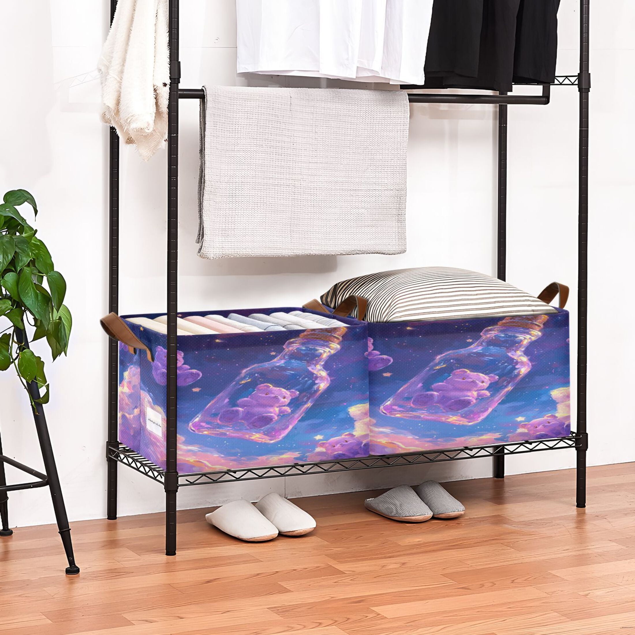 BZSMCE Collapsible Fabric Cube Storage Bins Purple Bear in Bottle Design Pattern Storage Box