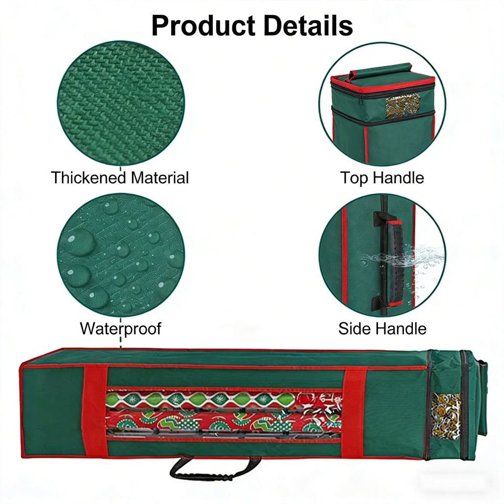 Christmas Wrapping Paper Storage Bag, Hanging Organizer with 2 Layers, Waterproof Large Gift Wrap & Ribbon Holder for Holiday Decorations, Green