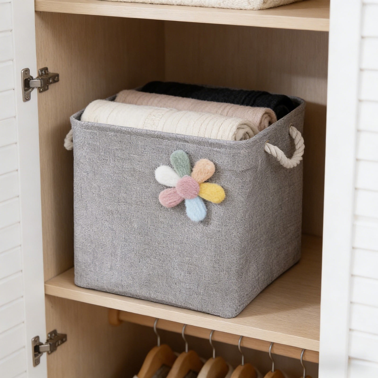Foldable Fabric Storage Bin with Handles, Collapsible Storage Cube for Toys Clothing, Sturdy Canvas Organizer Basket for Nursery Closet Living Room, 13 Inch, Grey