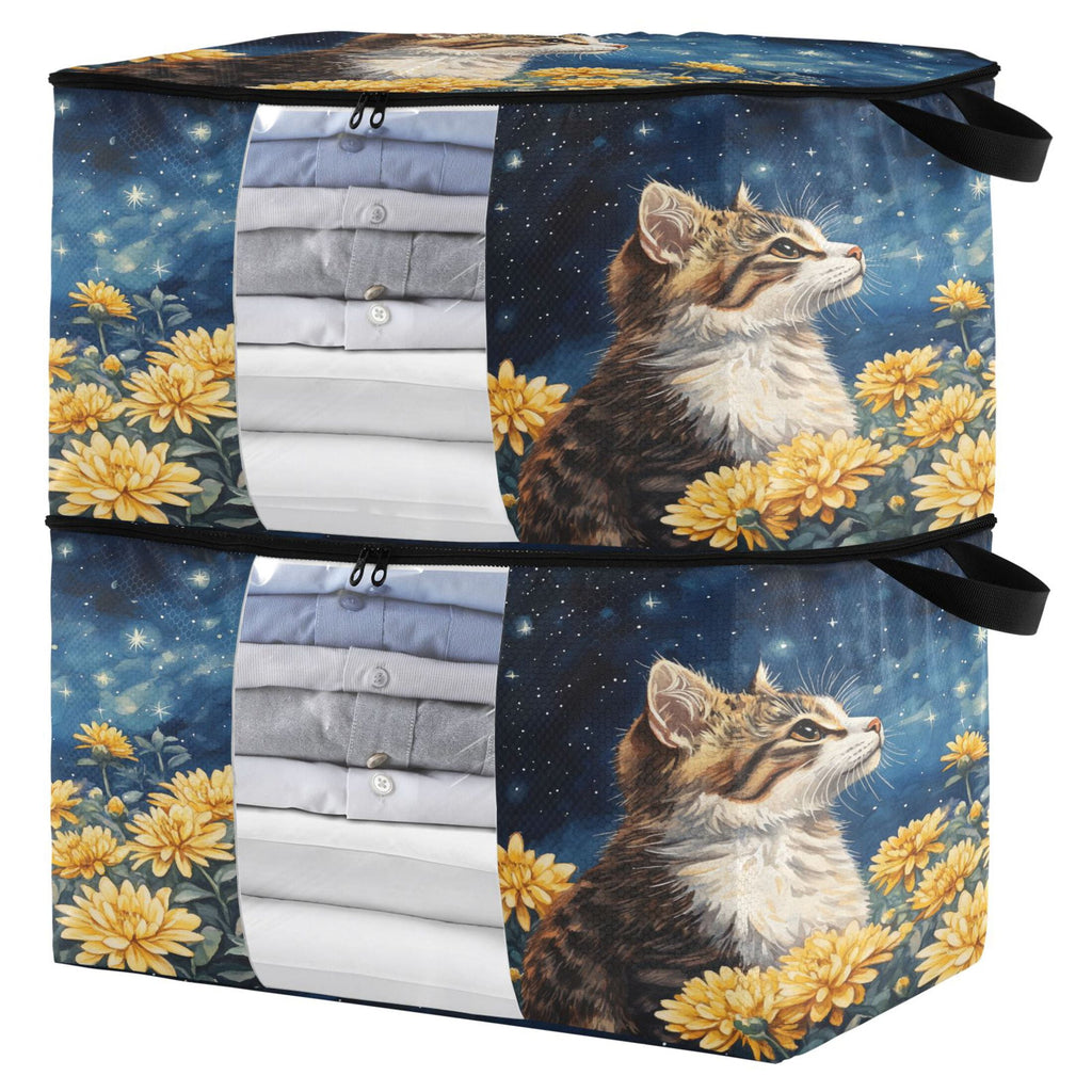BZSMCE Under Bed Storage Bags With Reinforced Handles Cat Among Flowers under Stars Underbed Storage