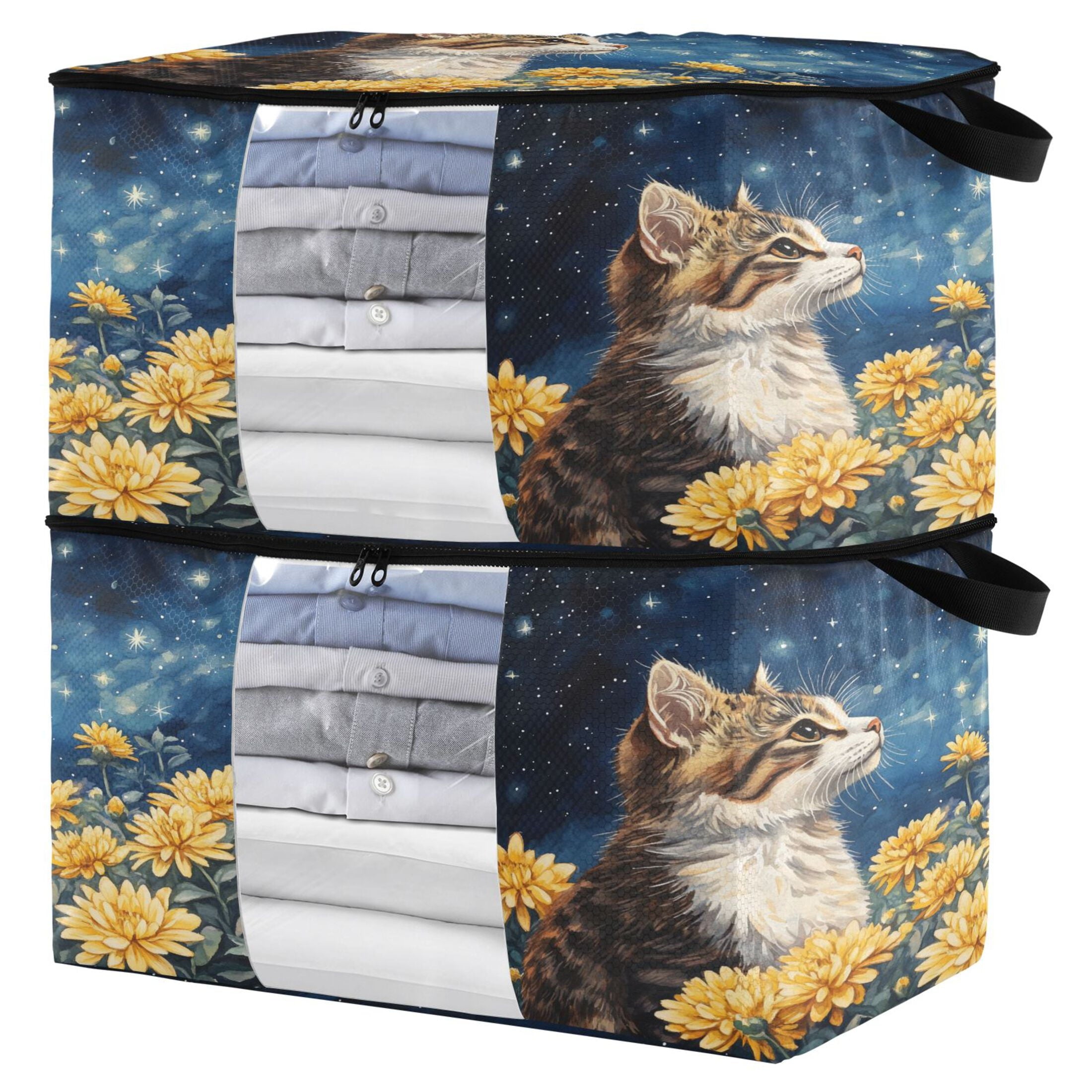 BZSMCE Under Bed Storage Bags With Reinforced Handles Cat Among Flowers under Stars Underbed Storage