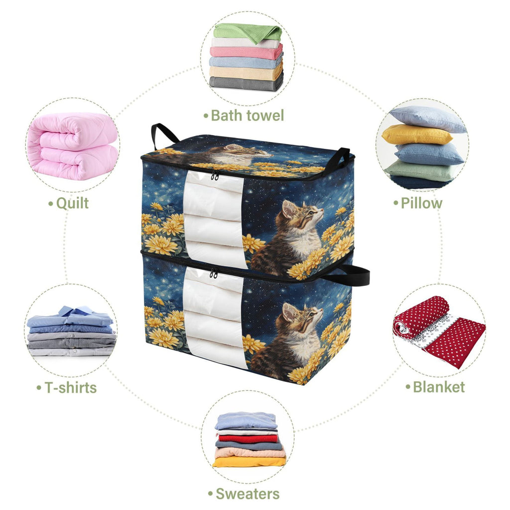 BZSMCE Under Bed Storage Bags With Reinforced Handles Cat Among Flowers under Stars Underbed Storage