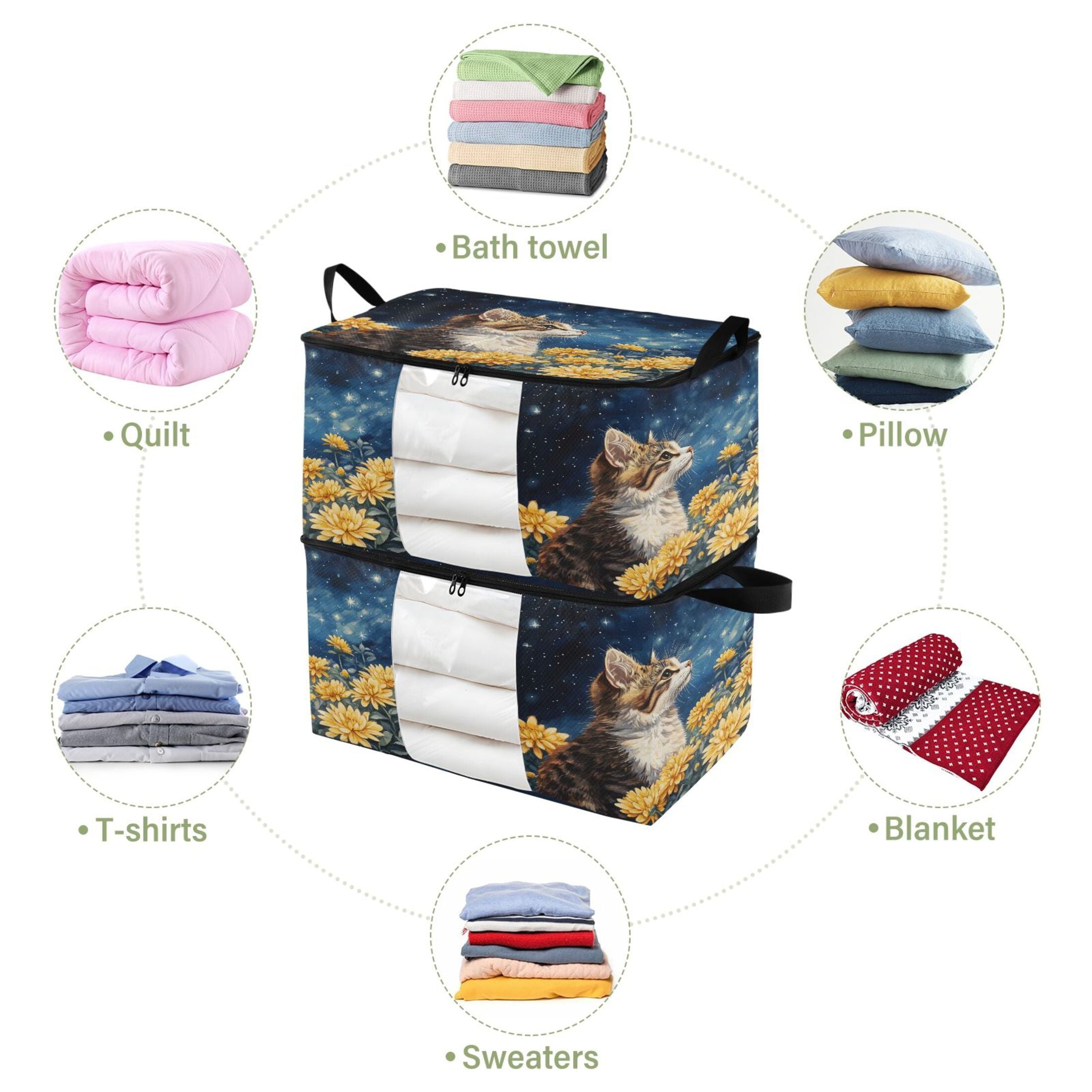 BZSMCE Under Bed Storage Bags With Reinforced Handles Cat Among Flowers under Stars Underbed Storage