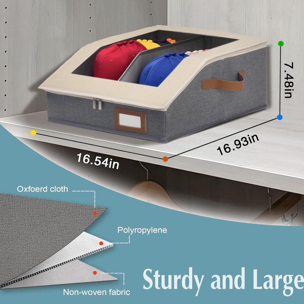 2-in-1 Hat Organizer for Baseball Caps Holds 24-30 Caps Hat Storage with Adjustable Divider Stackable Hats Holder for Closet with Clear lid Cowboy Hat Box for Men Women 1 PCS Beige and Grey