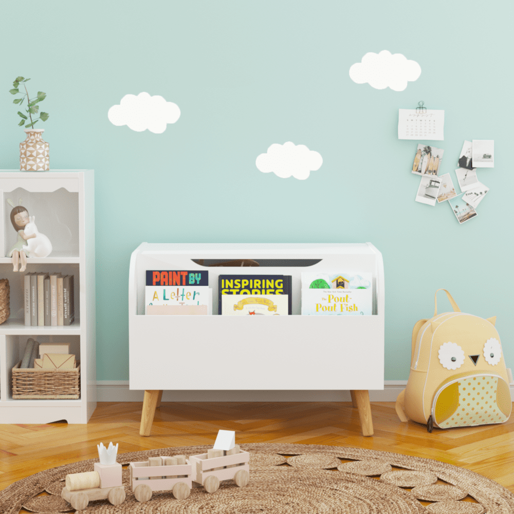 Large Wooden Toy Box with Front Bookshelf - Kids Toy Storage Organizer, Safety Hinge & Flip-Top Lid for Boys and Girls - Perfect Toy Chest Bench for Playroom Organization (White)