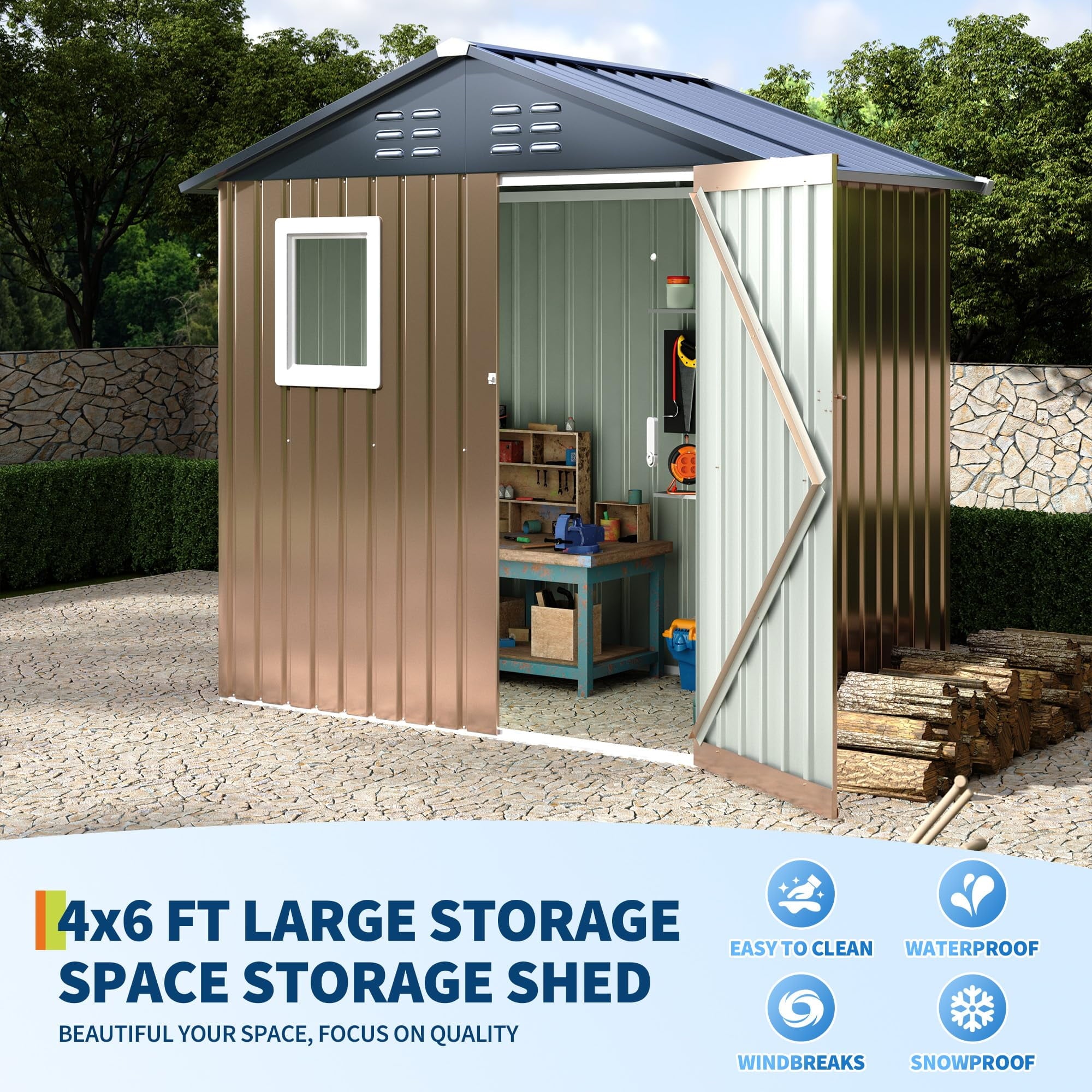 Ataujin 6x4 FT Outdoor Metal Storage Shed with Window, Outdoor Utility Shed with Lockable Door & Air Vent, Large Garden Tool Shed for Backyard, Patio, Lawn