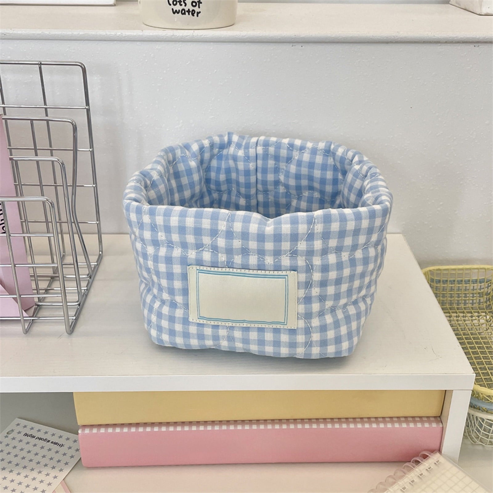 Clip-On Desktop Storage Basket, Makeup Brush Holder with Clamp, Small Fabric Organizer Bin for Office Desk, Vanity, Drawer, Sky Blue