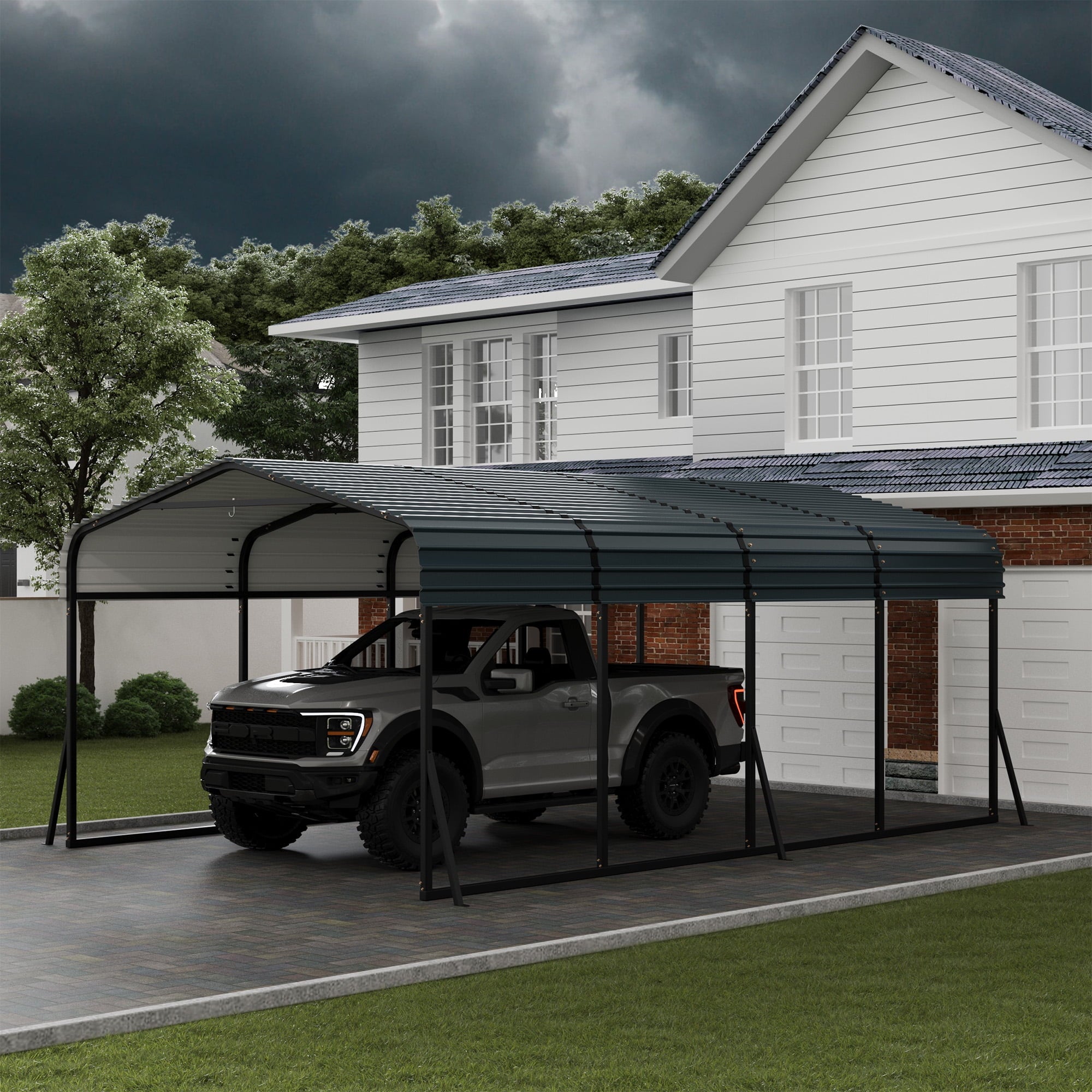 Ataucjin 12' x 20' Heavy Duty Metal Carport with Galvanized Steel Roof, Metal Roof Carport with Enhanced Base, Tall Metal Carport Kits Garage for Tractors, Pickup, Boat, Car(ship in 4 boxes)