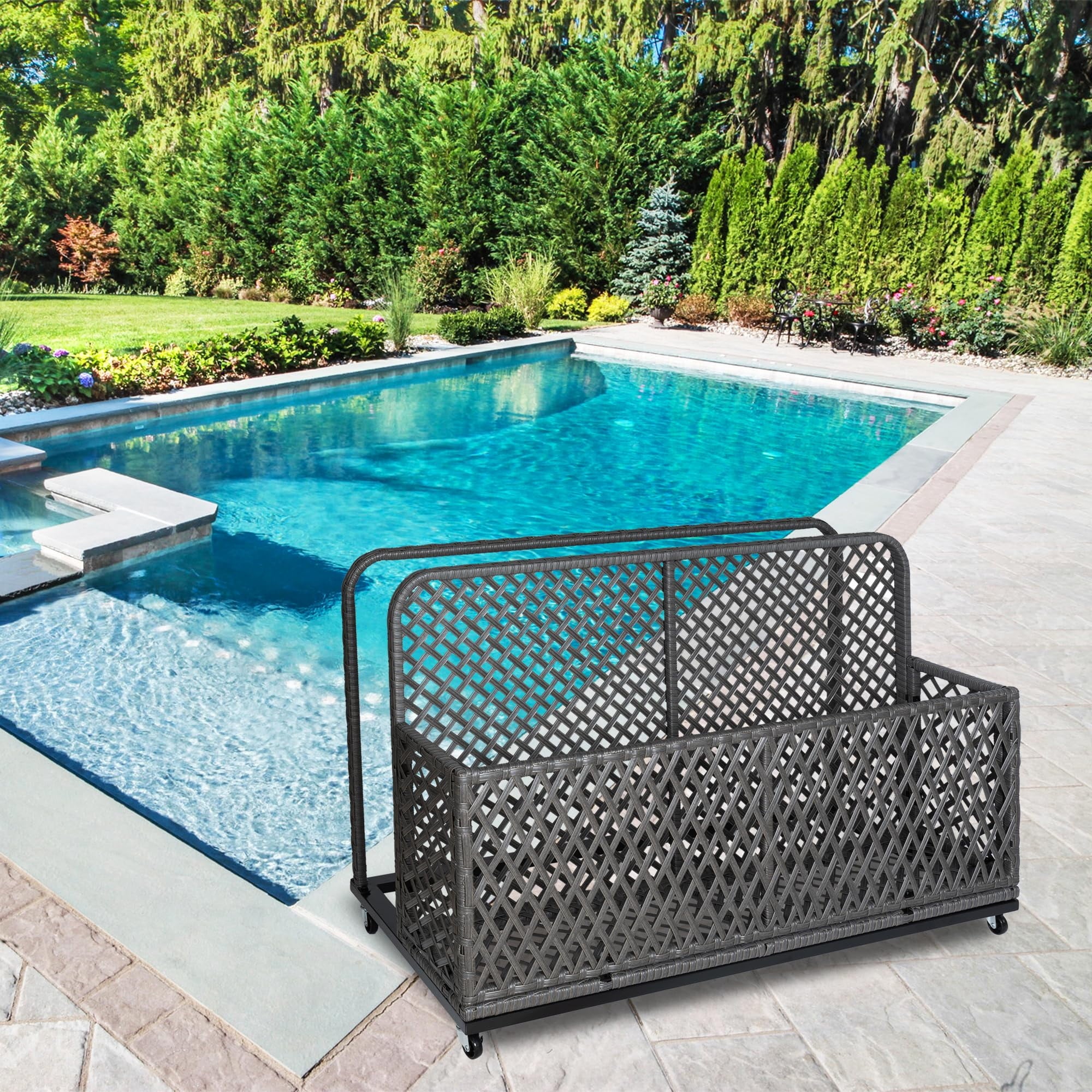 Ataucjin Poolside Float Storage, Outdoor Storage, Patio Basket, Storage Box, PE Rattan Outdoor Pool Caddy with Rolling Wheels for Floaties, Patio, Pool, Beach-Sturdy & Movable, Diamond Gray