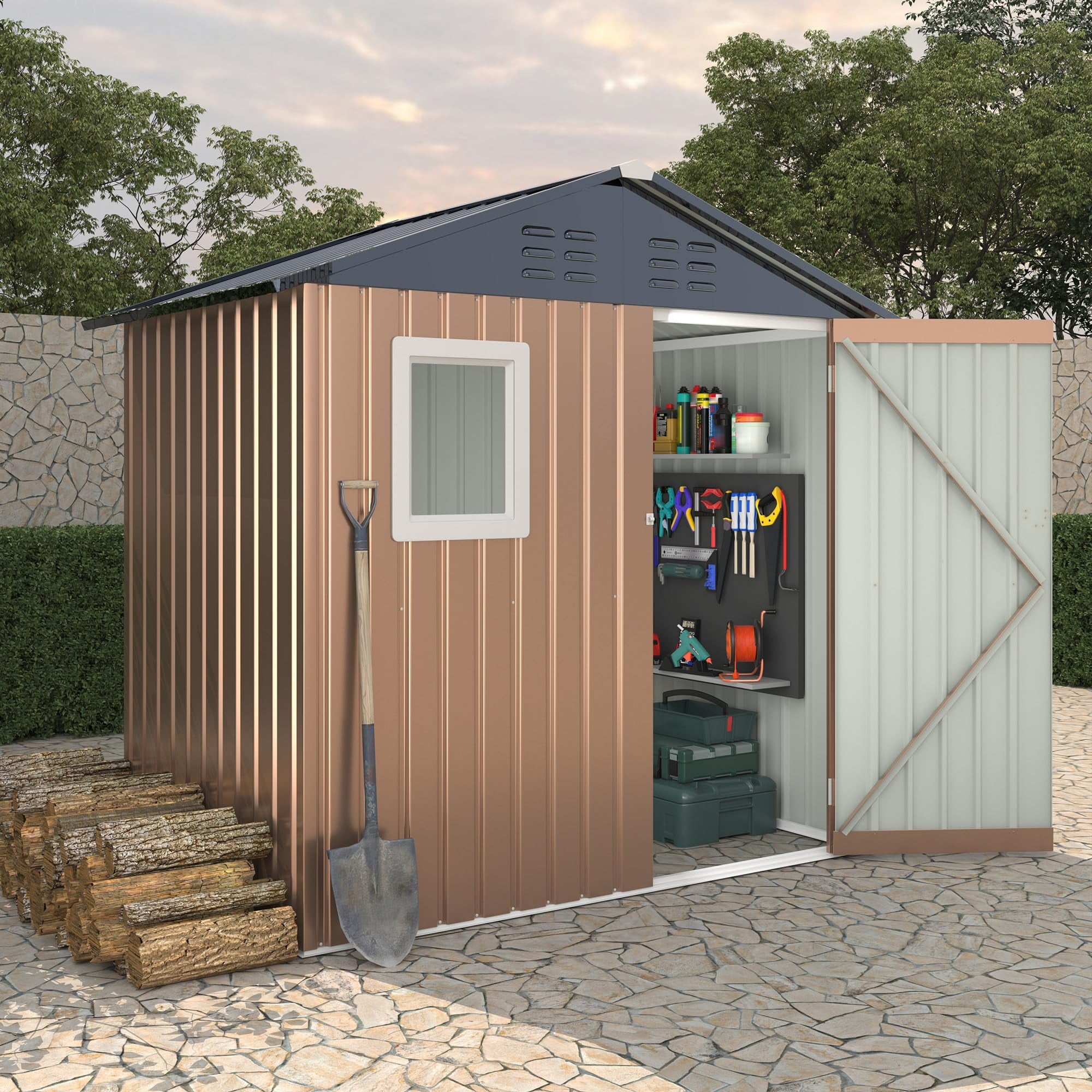 Ataujin 6x4 FT Outdoor Metal Storage Shed with Window, Outdoor Utility Shed with Lockable Door & Air Vent, Large Garden Tool Shed for Backyard, Patio, Lawn
