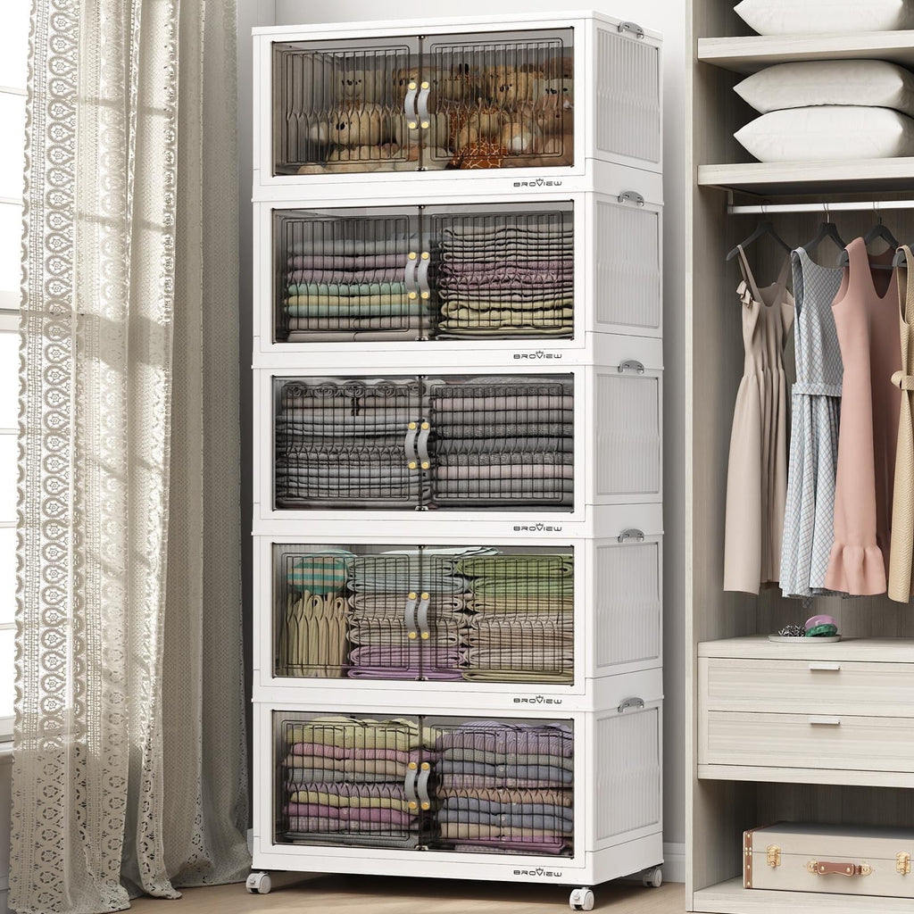 BROVIEW 150Gal Large Storage Bins with Lid, 600Qt Plastic Stackable Closet Organizer and Storage, Collapsible Storage Box with Wheels, Folding Storage Cabinet Containers for Home Office, 5Pack White