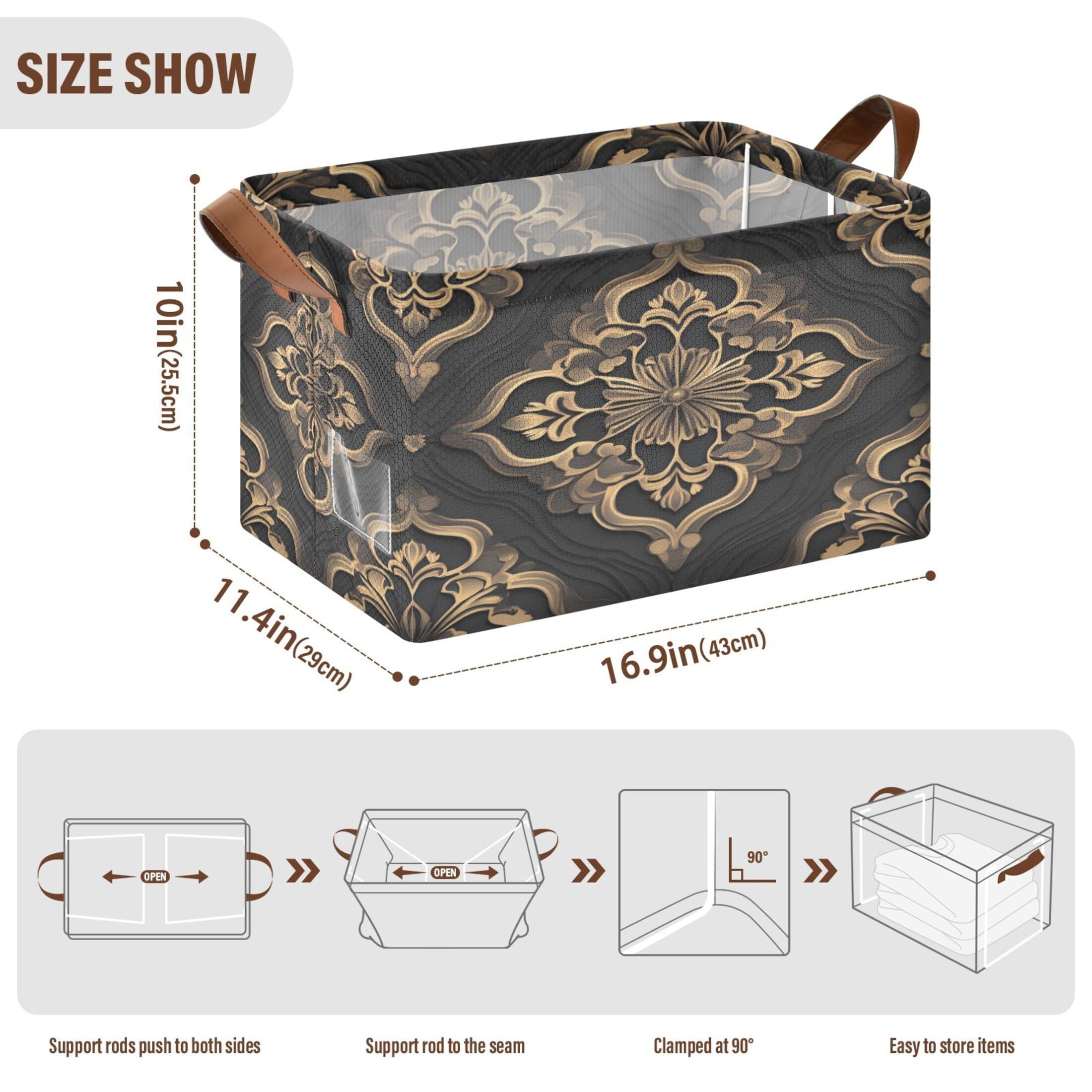 BZSMCE Collapsible Fabric Cube Storage Bins Bohemia Design Gold Flower Print Design Pattern Storage Box