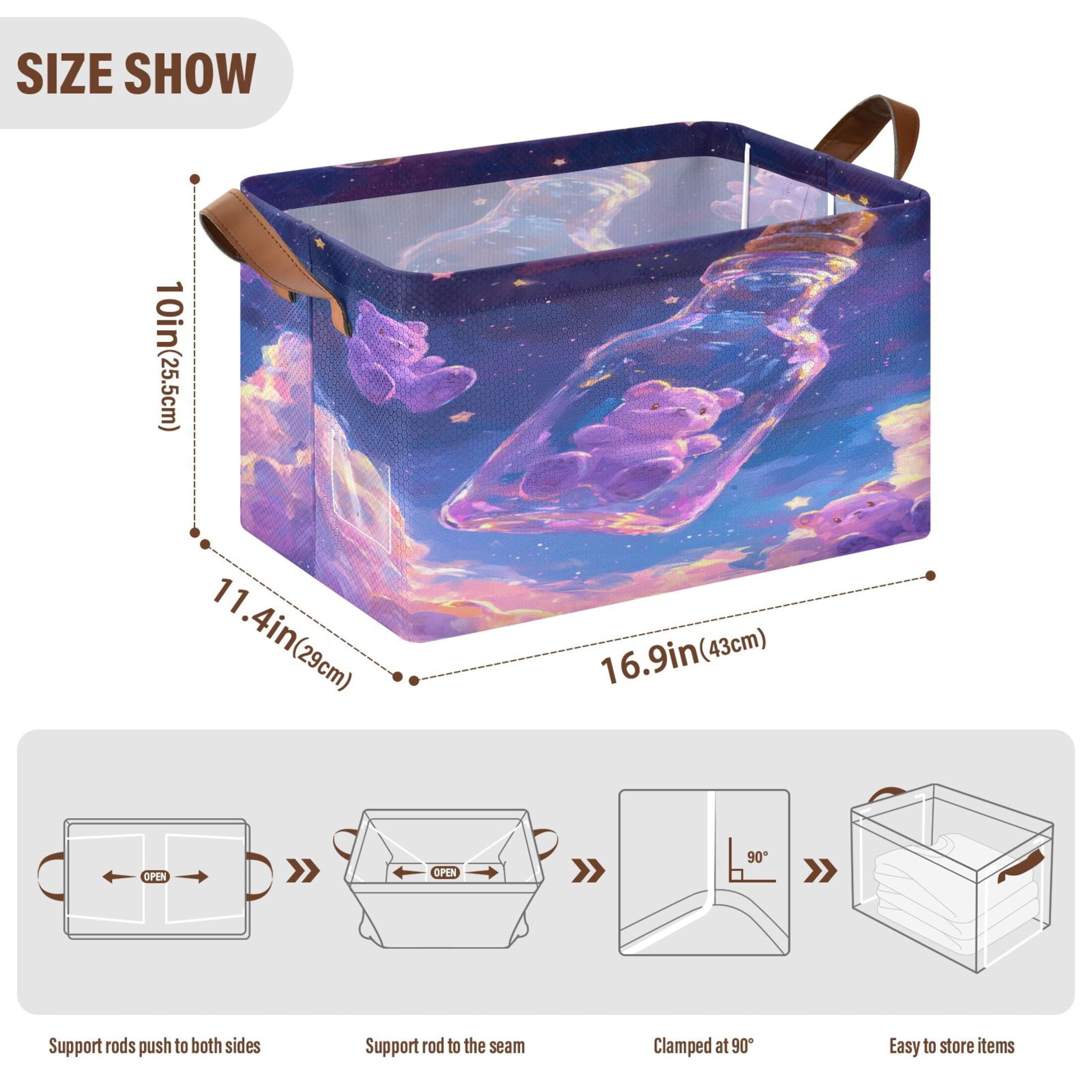 BZSMCE Collapsible Fabric Cube Storage Bins Purple Bear in Bottle Design Pattern Storage Box