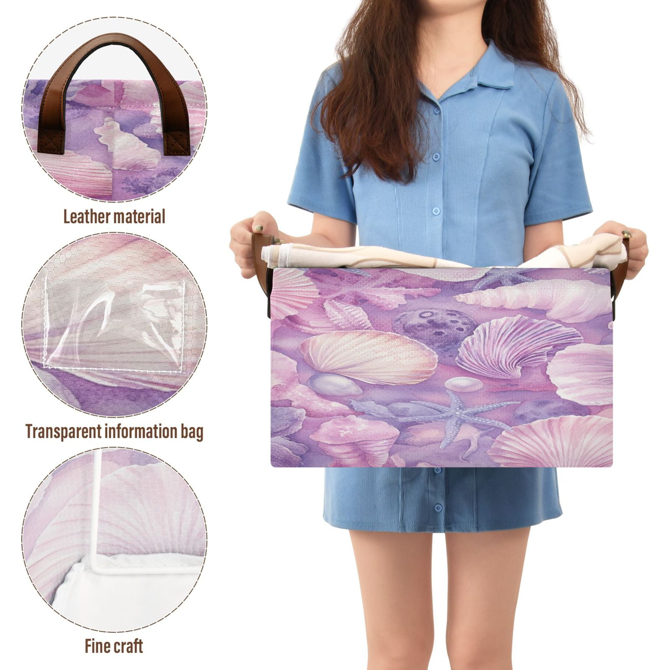 BZSMCE Collapsible Fabric Cube Storage Bins Purple Shell Printed Design Pattern Storage Box