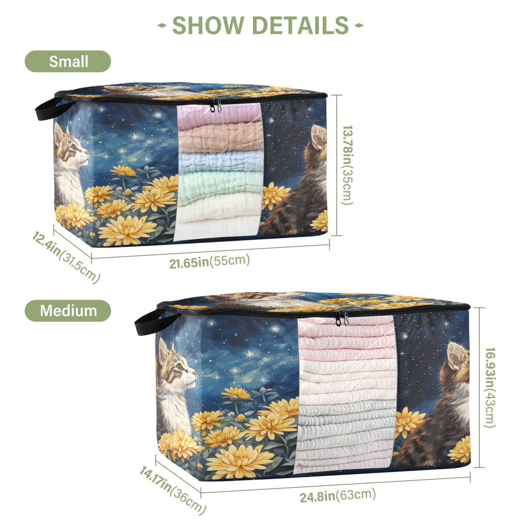 BZSMCE Under Bed Storage Bags With Reinforced Handles Cat Among Flowers under Stars Underbed Storage